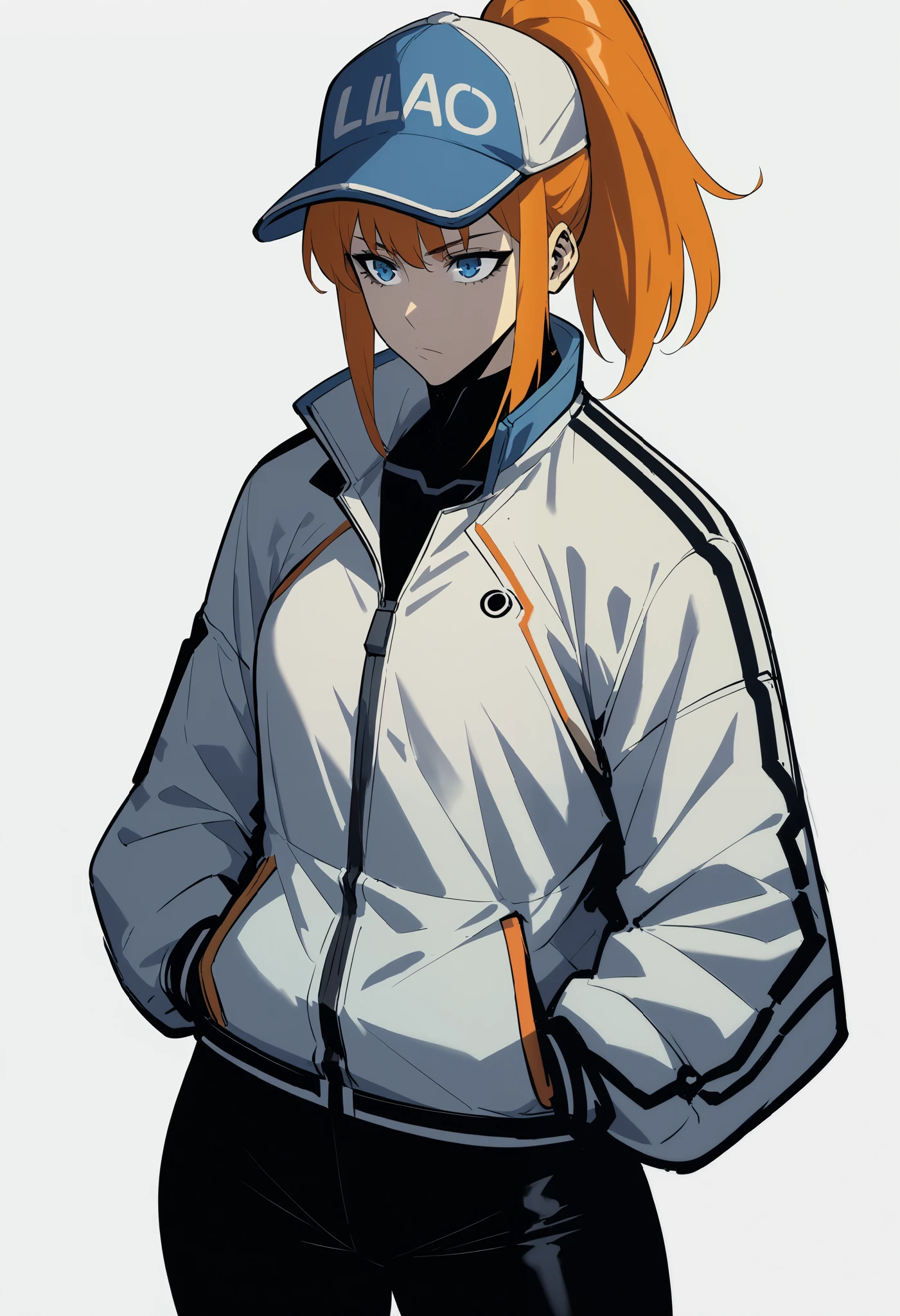 Midly Muscular woman in futuristic fantasy clothes, Long orange hair under a cap, ponytail, blue eyes, tight white jacket, black pant, intricate pencil sketch, expressive eyes and nose and mouth, un-zoom, highly detailed, dynamic pose, white background, Hans in pockets, upperbody