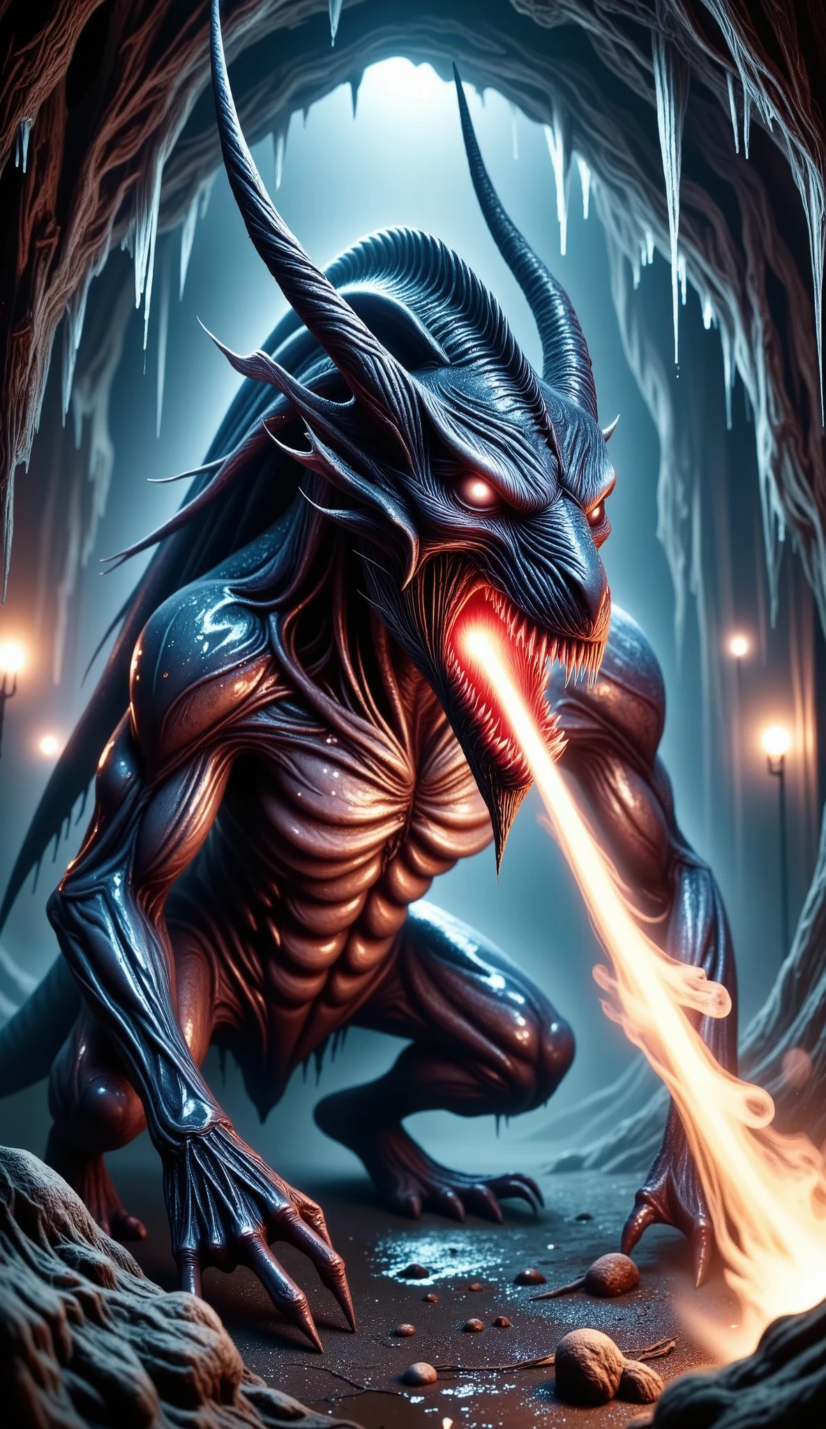 bloom,((A dragon , strong and robust, dynamic position , big, sharp fangs:1.5)), combat position long fire , looking at the viewer , broad, by the floating, Hanfu,( colors glitter , Textured skin:1.2), Black background cave with stalactites, dark, rocks on the ground , halo of mystery, iridescent colors , bioluminescent colors