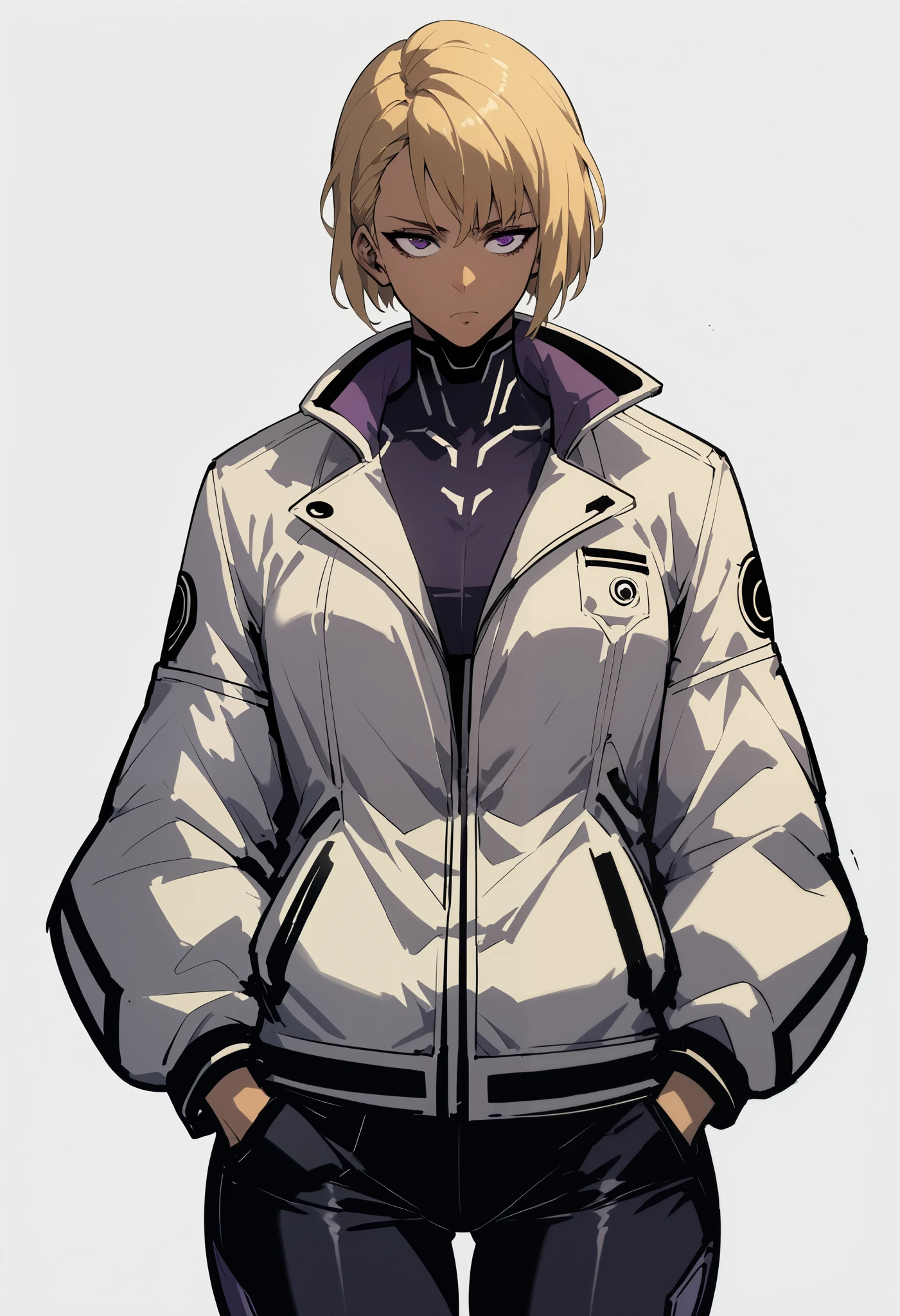 Midly Muscular woman in futuristic fantasy clothes, blonde hair , purple eyes,  tan, tight white jacket, black pant, intricate pencil sketch, expressive eyes and nose and mouth, un-zoom, highly detailed, dynamic pose, white background, Hans in pockets, upperbody 