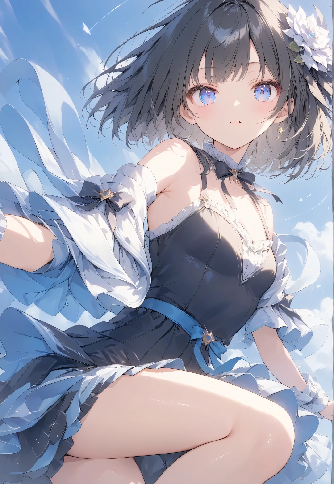 Masterpiece, high quality, high tonal range, high resolution, 16K, KyoAni illustration, background detail, digital painting, hyperrealistic, ite girl (1.0), beautiful face, long eyelashes, big eyes, sparkling eyes, fair skin, full body, bare shoulders, black spats, small breasts, thin legs, shiny thighs, black hair Short bob, hair ornament, idol, battle scene, shimmering aura, serious expression, dynamic angle