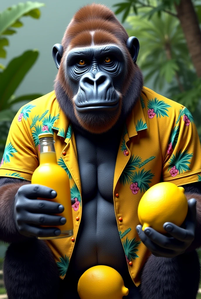 Generate a tag with a gorilla Wearing an hawaiian shirt which holds a bottle of Yellow Lemon liquor in One hand and a big Lemon in the other hand . The gorilla Is sitting