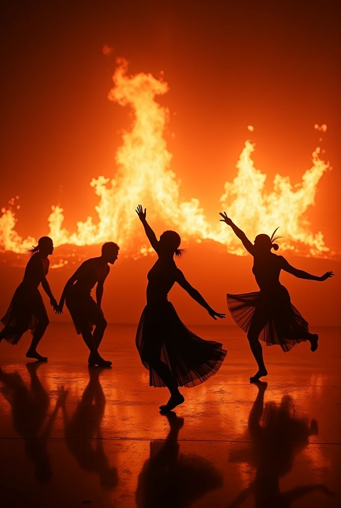 Dance of Zulu ceremony (Ingoma) very dynamic around a bonfire in the middle of a snowy forest in the winter norweeg. Among the trees onservan with caution nordic model beautiful and naked only with fashion mountain boots