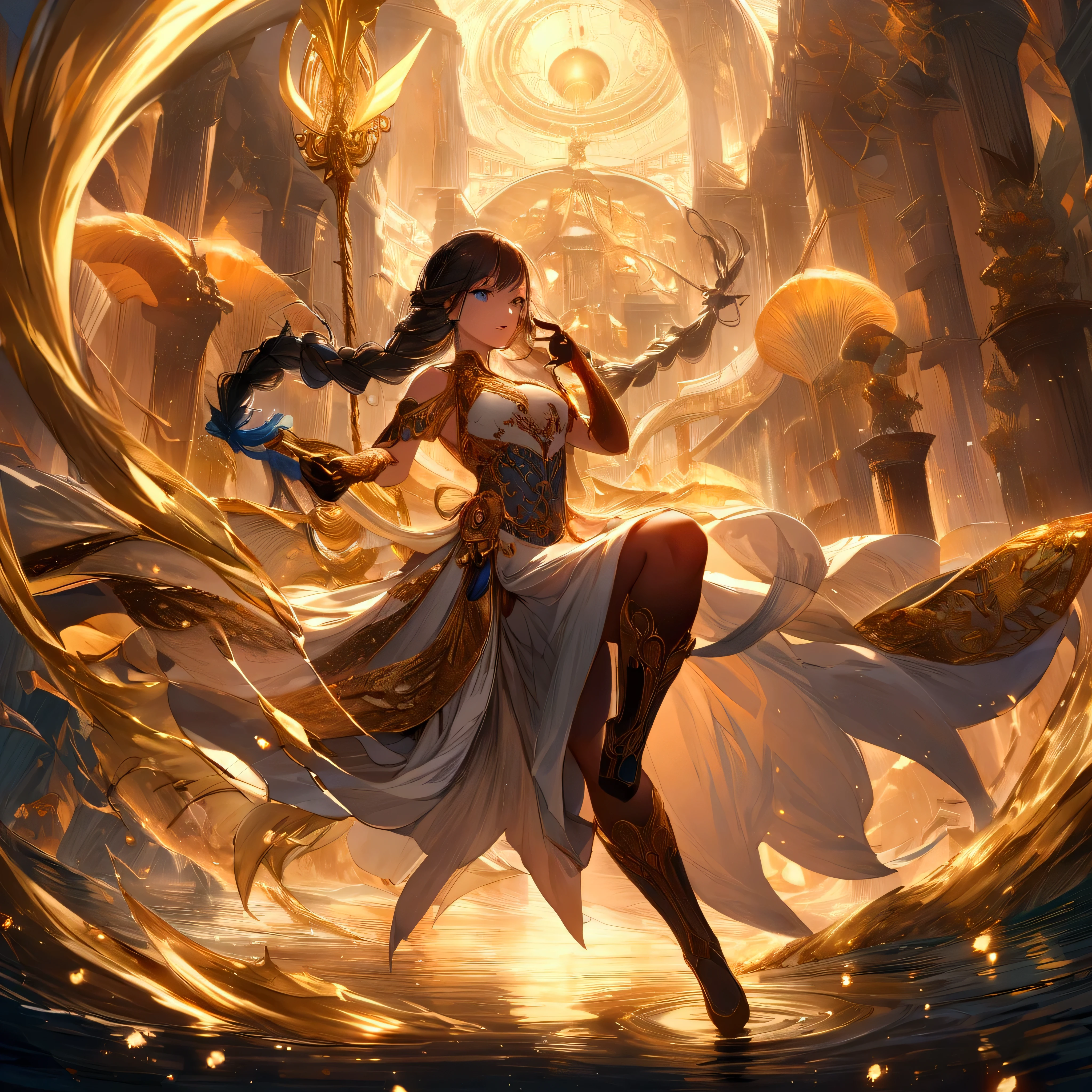 Solo character, full body version, girl, brown hair, long Curly haircut, yellow eyes, hoop earrings, gold bracelets, Belly dance clothing, no shoes, no shock, indoor bar, the pose is dancing in people hopes, silhouettes, (Hunter x Hunter style art), sad eyes, standing gesture, Big breasts, close eyes