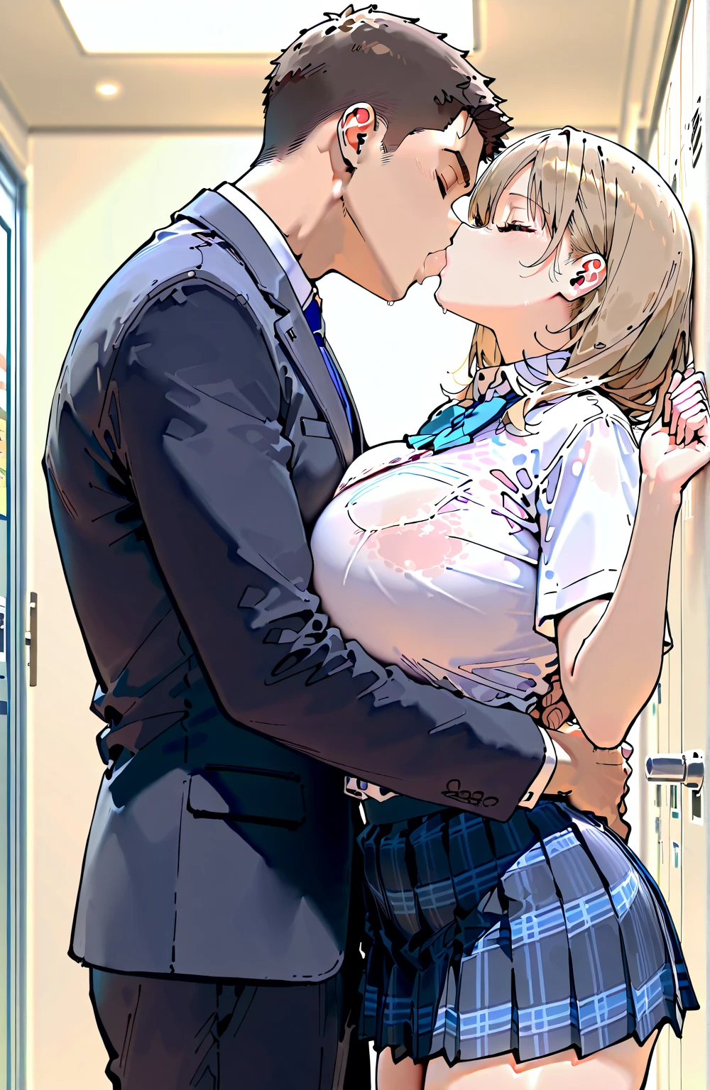 source_anime,
1girl,,(sound effects:1.2,Japanese),
pink eyes, tareme,blonde hair, short hair,big breast,swept bangs,dark jacket, dark business suit, bottomless, cleavage, 
best quality, (ahegao,:0.5), hug, leg lock, girl on top, french kiss, hetero, breasts, nipples, bouncing breasts, (sex with ugly man, upright straddle, spread legs, pussy juice), (female , pussy juice splash:1.5), opening jacket, (in business office:1.3), (perspective:1.2), (motion lines:1.2)