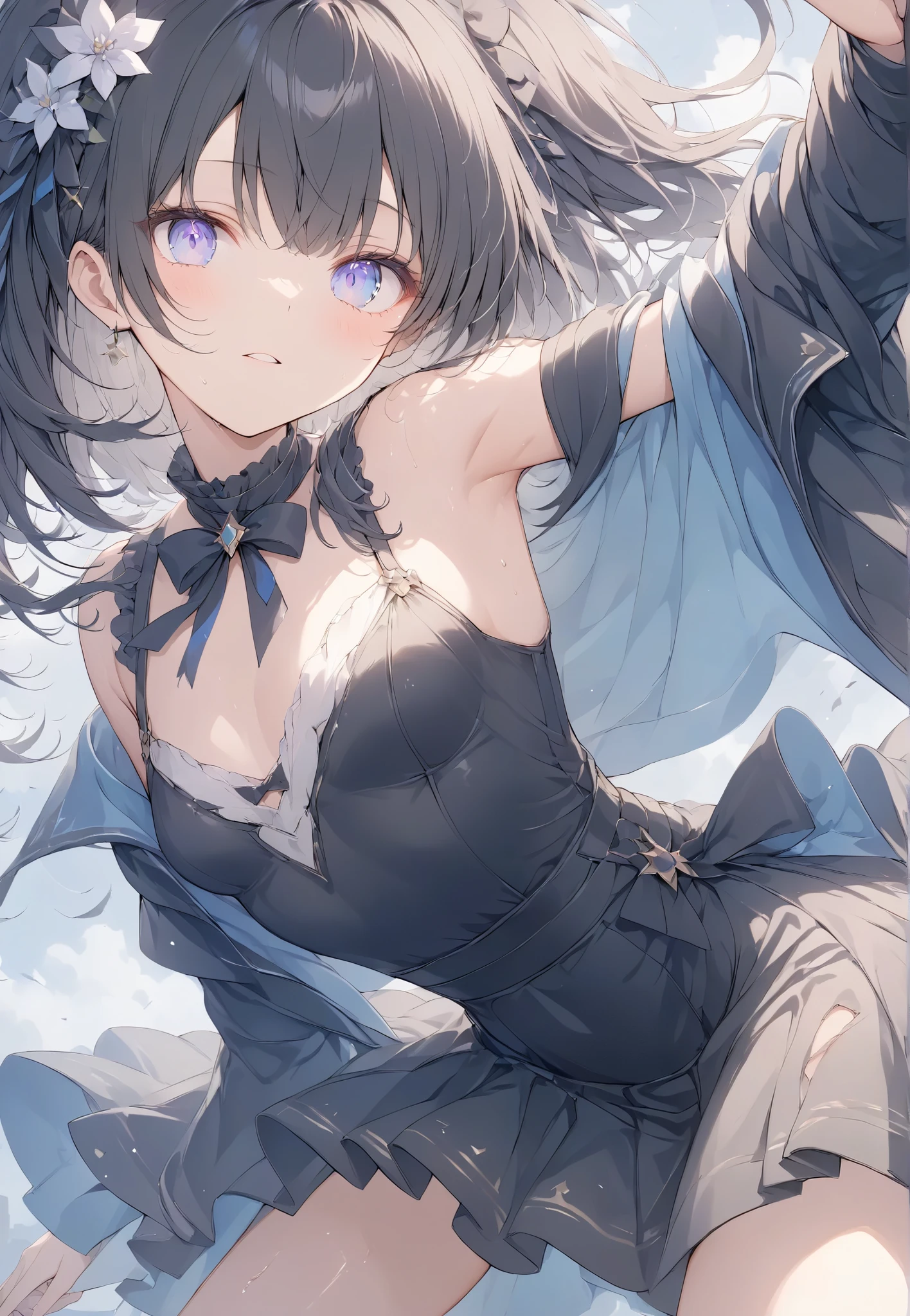 Masterpiece, High Quality, High Tone, High Resolution, 16K, KyoAni Illustration, Background Detail, Digital Paint, Hyperrealistic, Petite Girl (1.0), Beautiful Face, Long Eyelashes, Large Eyes, Sparkling Eyes, Fair Skin, Full Length, Shoulder Bare, Black Spats, Battle Torn Clothes, Small Breasts, Thin Legs, Shiny shiny thighs, short black bob, hair ornament, idol, battle scene, acrobatic movements, shimmering aura, rugged expression, sweating,