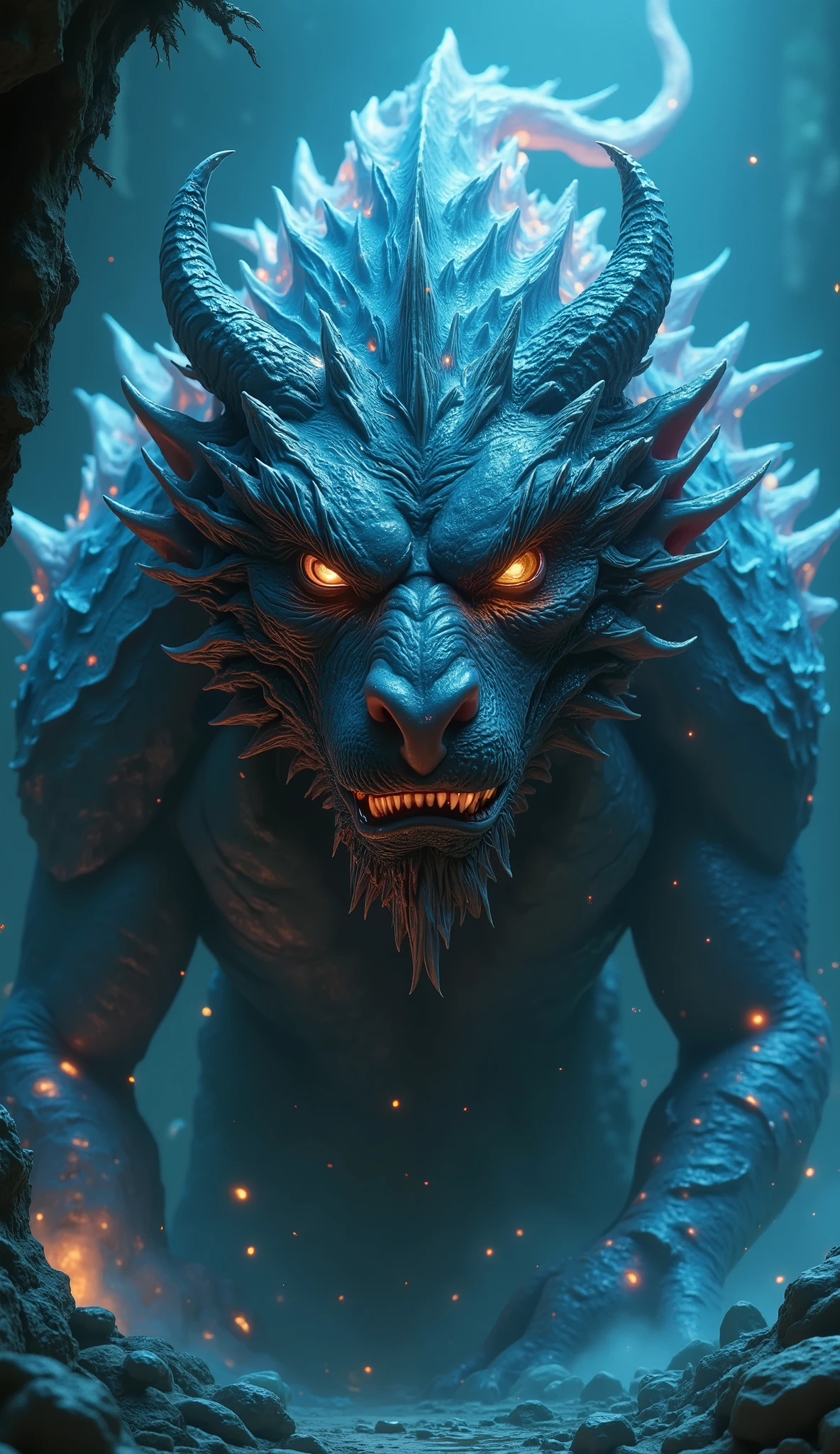bloom, ((A dragon , strong and robust,  dynamic position , big,  sharp fangs:1.5)),  combat position long fire ,  looking at the viewer , broad, by the floating, Hanfu, ( colors glitter ,  Textured skin:1.2),  Black background cave with stalactites, dark, rocks on the ground , halo of mystery, iridescent colors ,  bioluminescent colors, chiaroscuro, cinematic lighting, depth of field, motion blur, UHD, Retina, masterpiece, Accurate, Anatomically Correct, textured skin, Super detail, high details, high quality,  award winning , best quality, highres, 1080P, HD, 16K