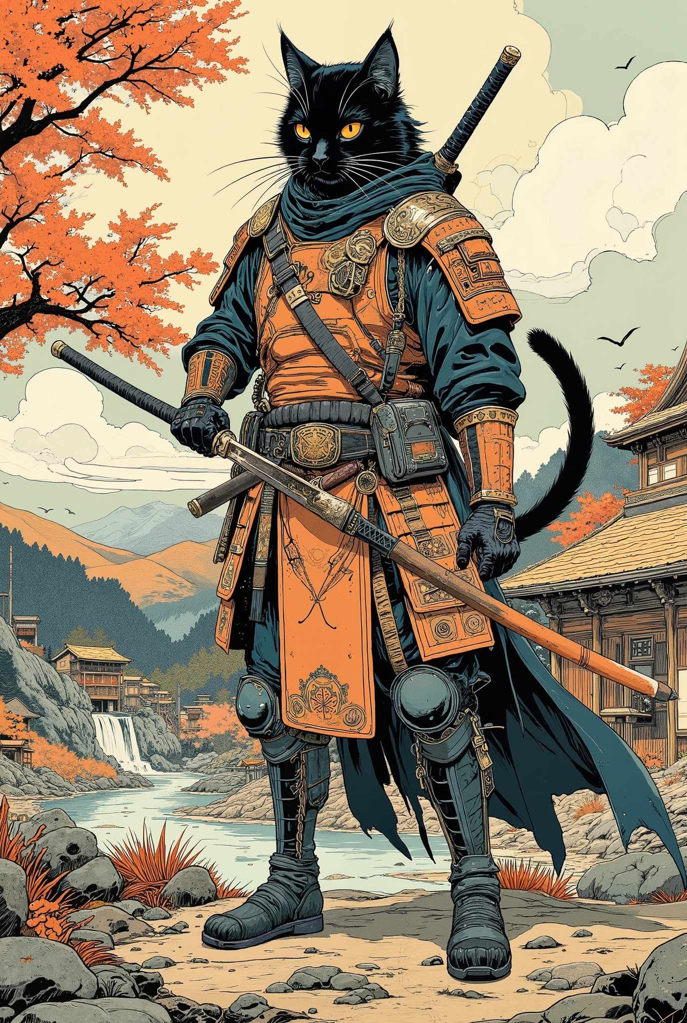 ultra detailed ukiyo-e illustration , sharp line , image of the samurai cat style ukiyo-e