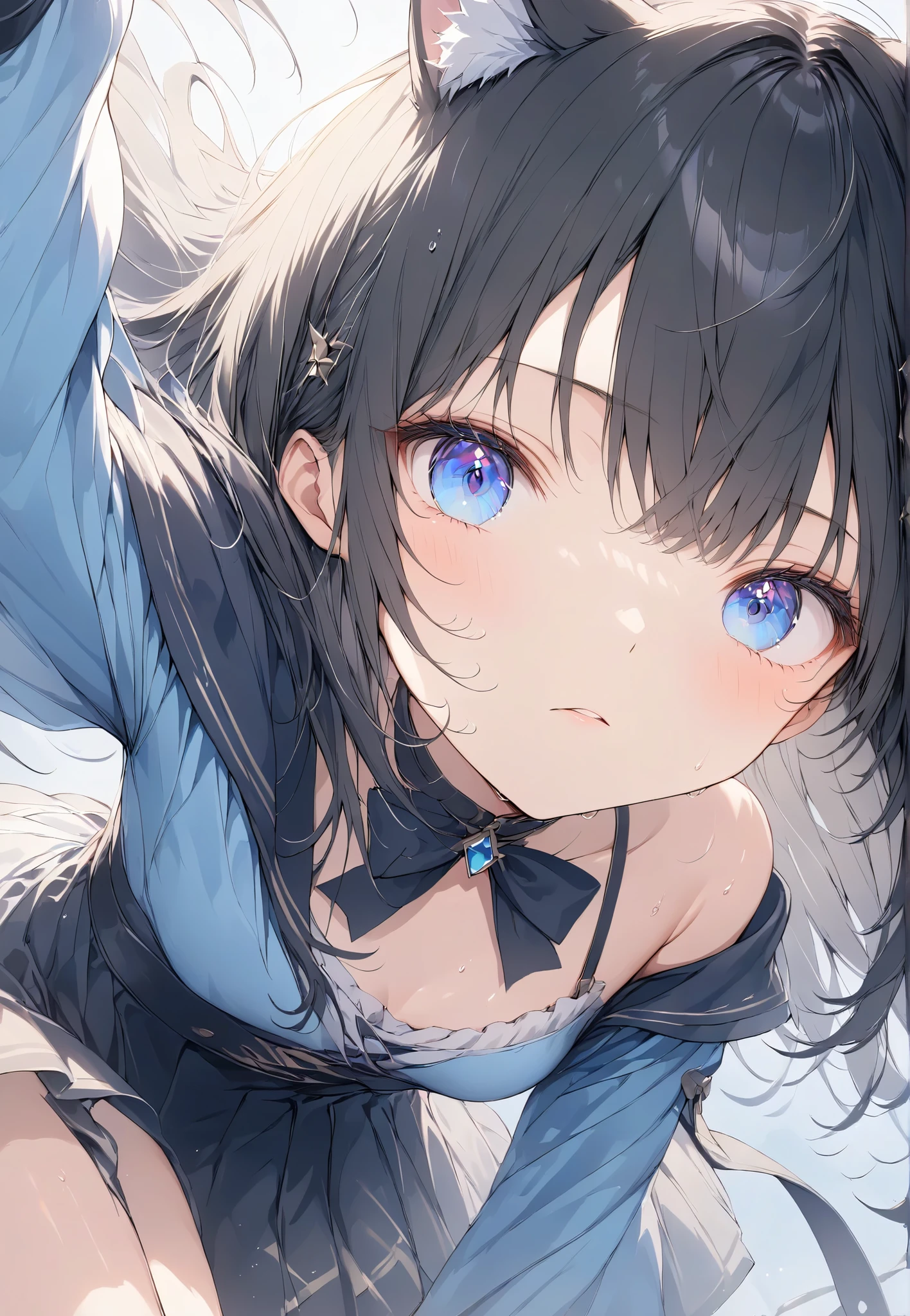 Masterpiece, High Quality, High Tone, High Resolution, 16K, KyoAni Illustration, Background Detail, Digital Paint, Hyperrealistic, Petite Girl (1.0), Beautiful Face, Long Eyelashes, Large Eyes, Sparkling Eyes, Fair Skin, Full Length, Shoulder Bare, Black Spats, Battle Torn Clothes, Small Breasts, Thin Legs, Shiny shiny thighs, short black bob, hair ornament, idol, battle scene, acrobatic movements, shimmering aura, rugged expression, sweating,