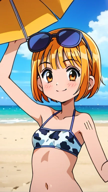 Beach background, sunny weather, sea,aina yoshiwara,glossy skin, oily skin, short hair, tilt eyebrows, smiling, leaning forward, looking_at_viewer, small ,bikini, masterpiece, ultra-detailed, anime illustration, highres, solo,perfect anatomy, perfect proportions, perfect hands,