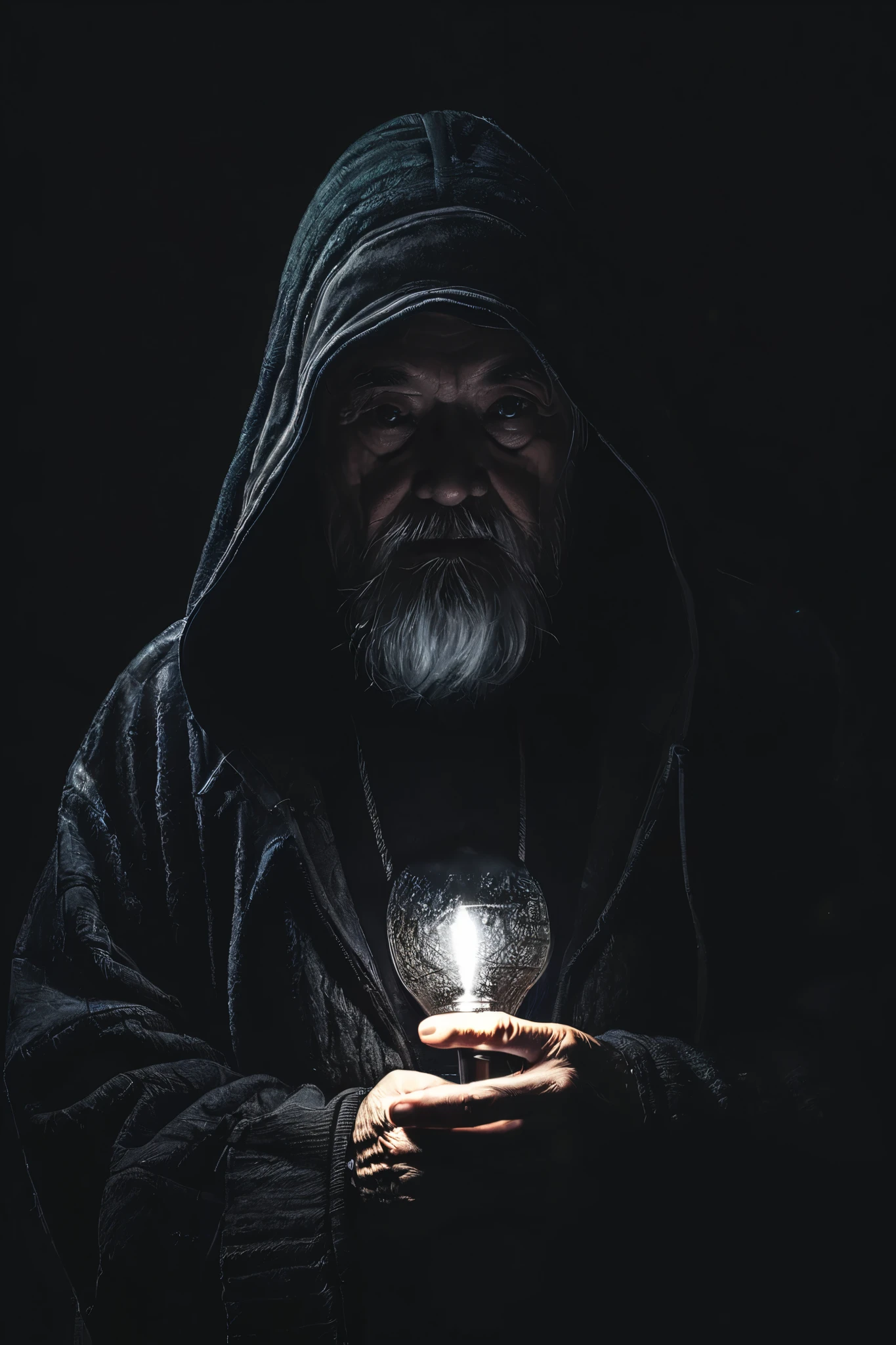 Old man wear hoddy in the dark