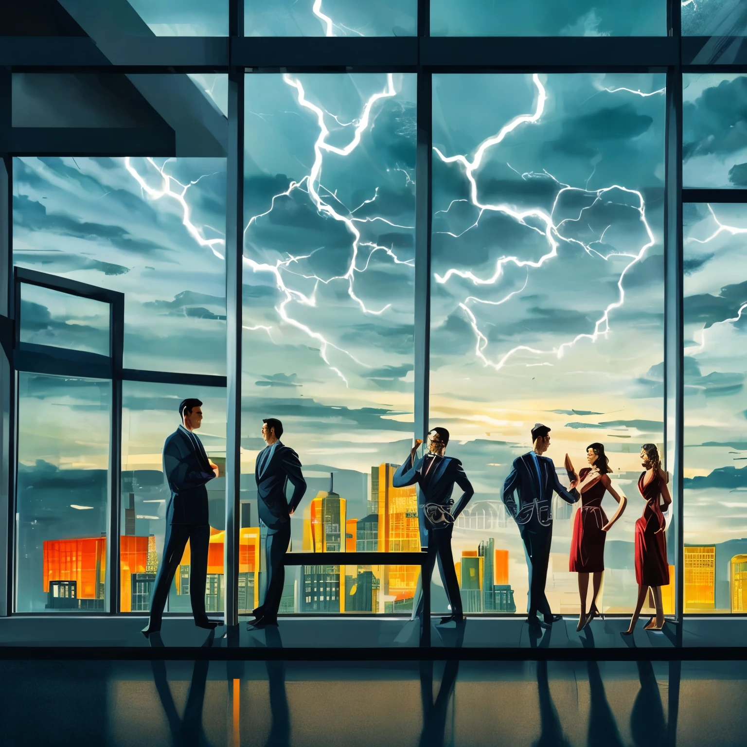 Two suited man and a woman in a glass corridor at an airport from the window the landscape at night with a thunderbolt tearing through the sky and them looking, Harmony color scheme, masterpieces art work, illustrated,