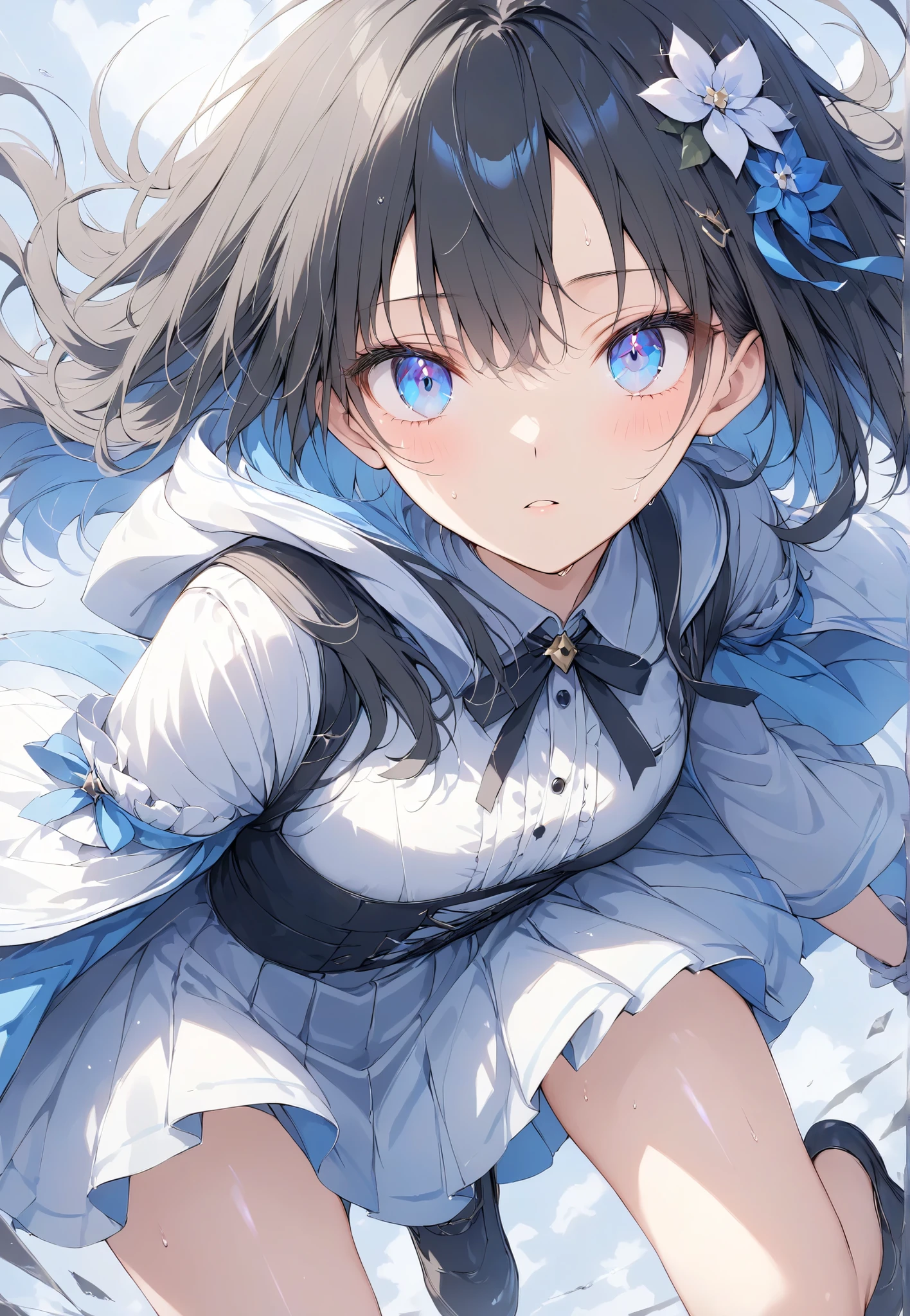 Masterpiece, High Quality, High Tone, High Resolution, 16K, KyoAni Illustration, Background Detail, Digital Paint, Hyperrealistic, Petite Girl (1.0), Beautiful Face, Long Eyelashes, Large Eyes, Sparkling Eyes, Fair Skin, Full Length, Shoulder Bare, Black Spats, Battle Torn Clothes, Small Breasts, Thin Legs, Shiny shiny thighs, short black bob, hair ornament, idol, battle scene, shimmering aura, rugged expression, sweating,