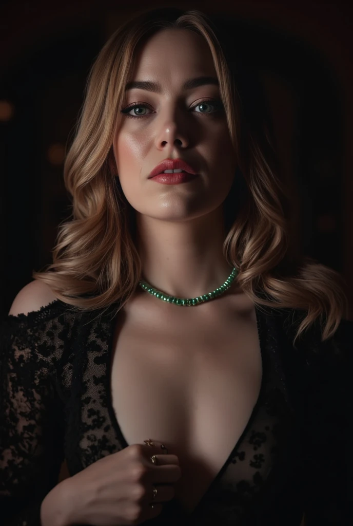A beautiful blonde woman in an elegant pose, with brown/green eyes, blonde hair, golden necklace, in a nightclub, (best quality,4k,8k,highres,masterpiece:1.2),ultra-detailed,(realistic,photorealistic,photo-realistic:1.37),intricate details,high quality lighting,cinematic lighting,dramatic lighting,chiaroscuro lighting,moody lighting,glowing skin,flawless skin,detailed facial features,long eyelashes,full lips,expressive eyes,graceful posture,elegant black dress,shimmering dress,dramatic expression,cinematic composition,rich color palette, volumetric fog,depth of field