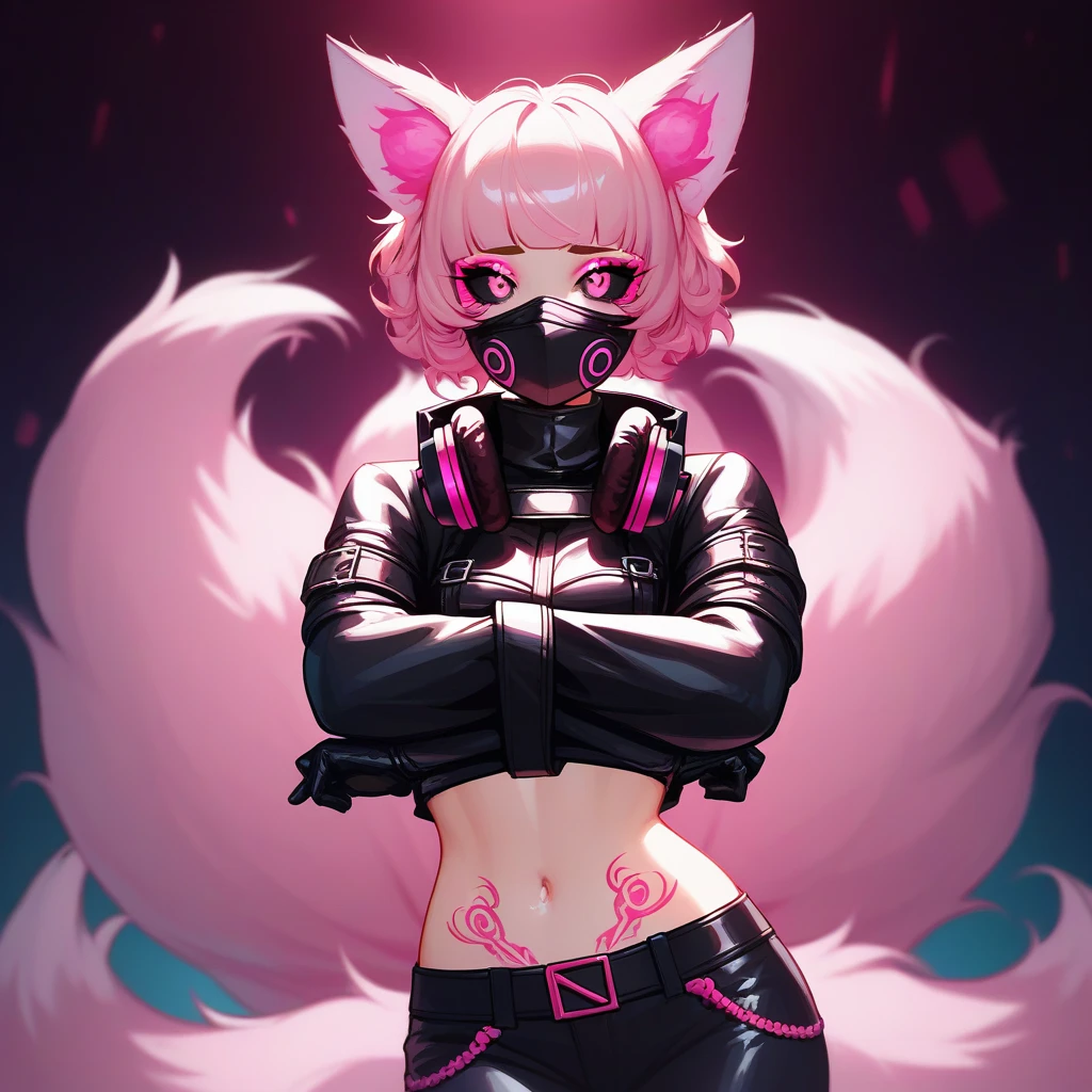 A woman in a full-body neon red and neon pink cyber outfit