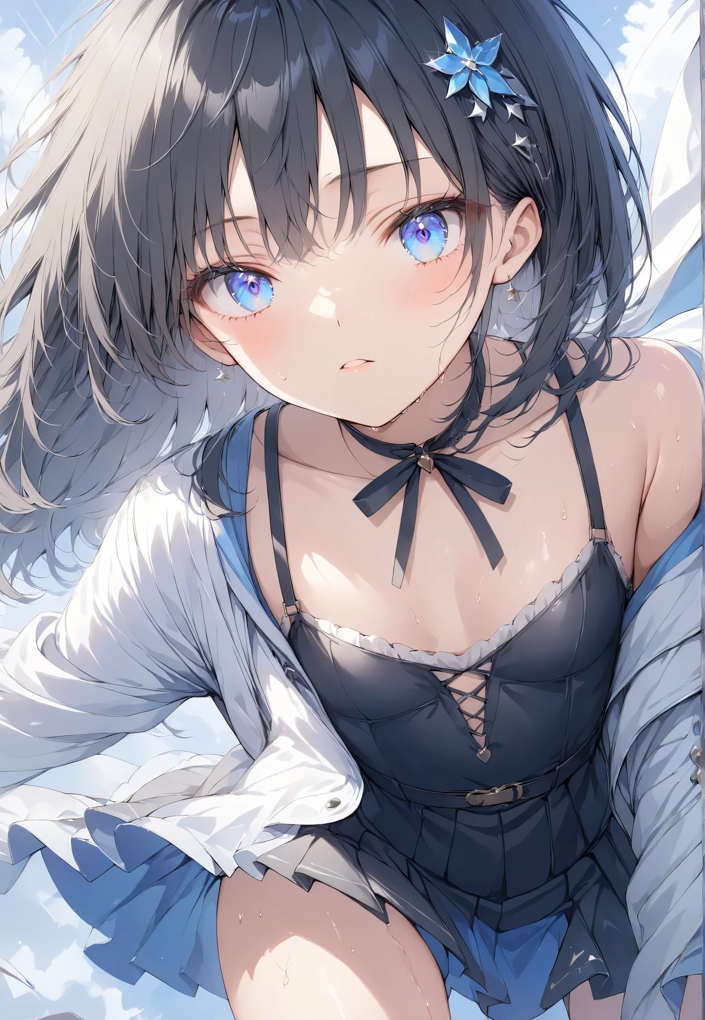 Masterpiece, High Quality, High Tone, High Resolution, 16K, KyoAni Illustration, Background Detail, Digital Paint, Hyperrealistic, Petite Girl (1.0), Beautiful Face, Long Eyelashes, Large Eyes, Sparkling Eyes, Fair Skin, Full Length, Shoulder Bare, Black Spats, Battle Torn Clothes, Small Breasts, Thin Legs, Shiny shiny thighs, short black bob, hair ornament, idol, battle scene, shimmering aura, rugged expression, sweating,