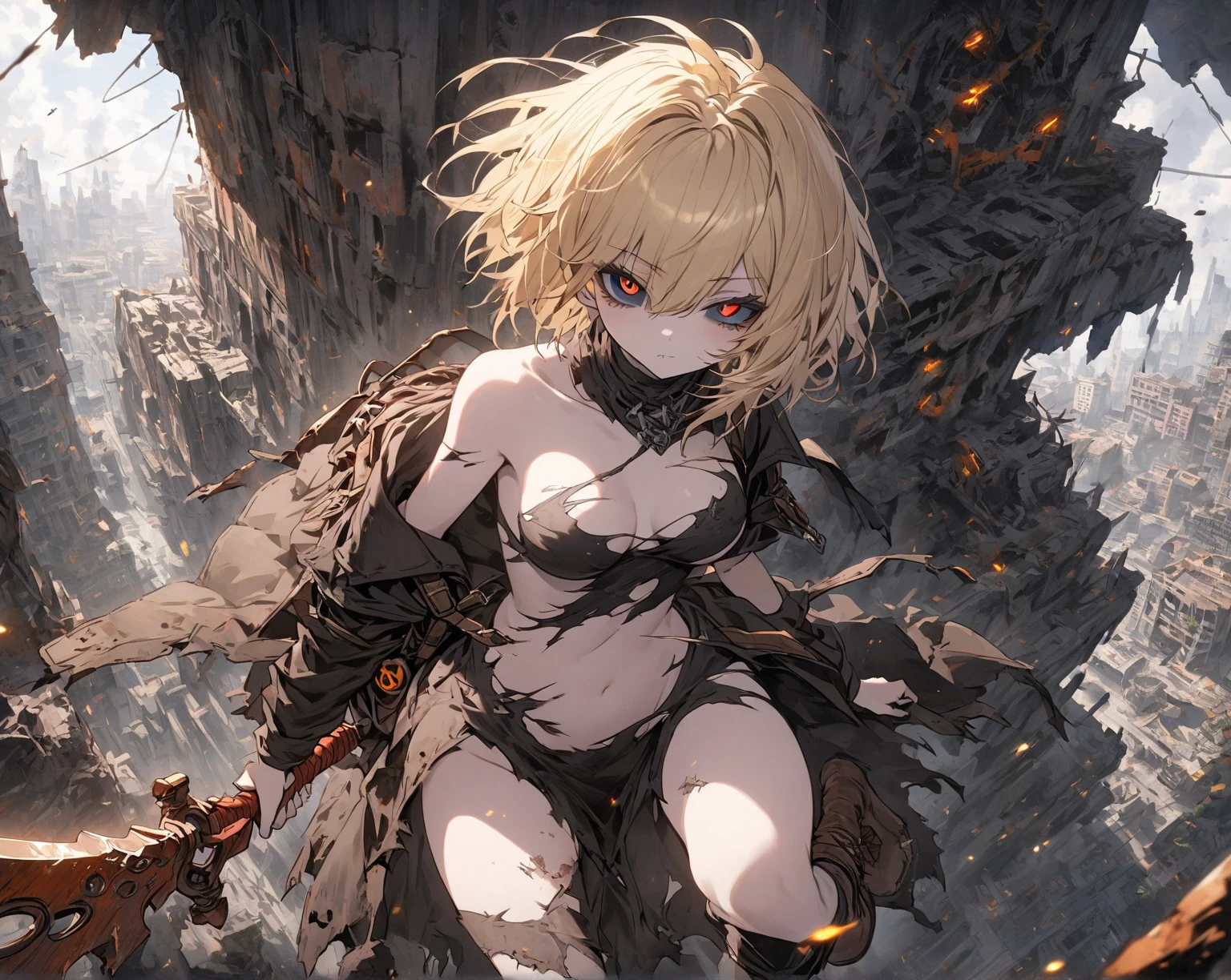 1 girl,long blonde hair,torn blonde bikini armor,open mouth,large breasts,crying,Exhausted,Tired,sitting,arms up,bound arms,knees up,Devastated land,dead tree,bright overcast sky,