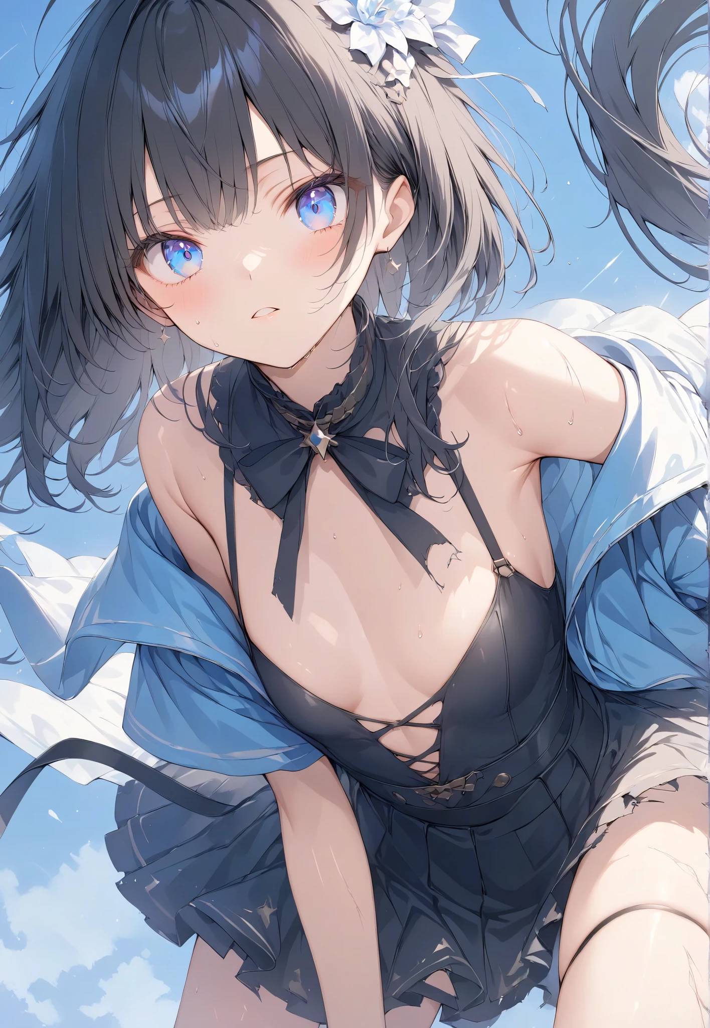 Masterpiece, High Quality, High Tone, High Resolution, 16K, KyoAni Illustration, Background Detail, Digital Paint, Hyperrealistic, Petite Girl (1.0), Beautiful Face, Long Eyelashes, Large Eyes, Sparkling Eyes, Fair Skin, Full Length, Black Spats, Battle Torn Clothes, Small Breasts, Thin Legs, Shiny shiny thighs, short black bob, hair ornament, idol, battle scene, shimmering aura, rugged expression, sweating,