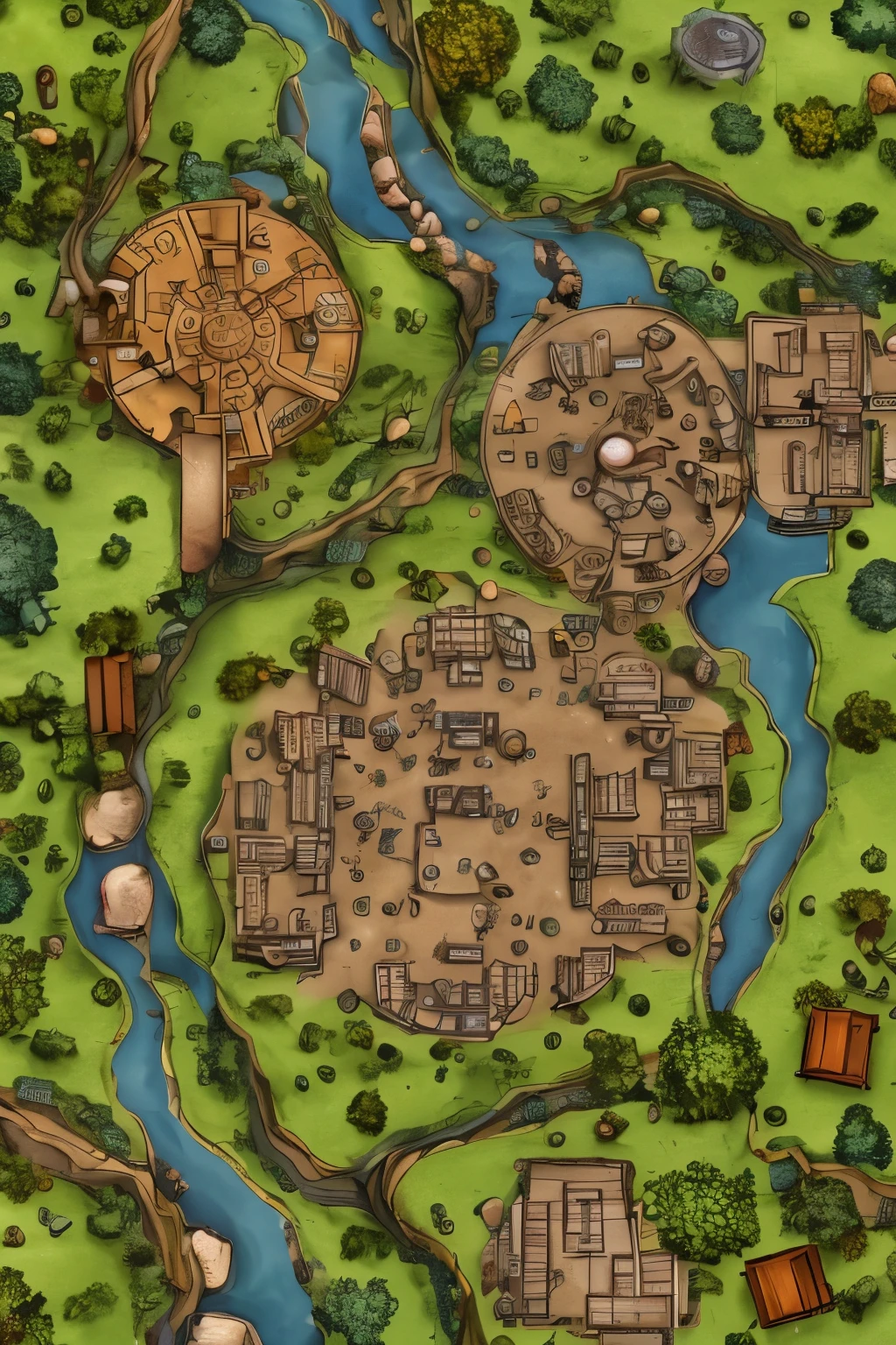 Create a simple, hand-drawn map in a cartographic style, representing a small, isolated circular village called Santa Lúgubre. The map should have a rough, drawn appearance with labeled locations and key points of interest, using minimalist symbols and lines. The village should be circular in shape, with houses and shops close together in a compact arrangement. Include the following elements:
1. Igreja de Santa Lúgubre (Igreja Abandonada) - Place the abandoned church near the center of the village, with broken windows and a collapsed tower. Add surrounding areas with thin lines to represent nearby hidden tunnels connecting to other locations.
2. Mercado de Santa Lúgubre - Position the marketplace close to the village center, using rectangular or circular shapes for market stalls. Indicate a suspicious building for the antiquities shop with simple symbols. Make it clear that the market is a central part of the village.
3. Rio da Meia-Noite - Draw the river curving around the outskirts of the village, flowing with simple lines. Place a stone altar near the river's edge, and show faint footprints or dragging marks close to the water.
4. Cemitério de Santa Lúgubre - Represent the cemetery on one of the edges of the village, with a variety of small tombstones. Show the chapel and add a symbol for the secret entrance to tunnels leading to the church.
5. Pensão da Dona Rosa - Draw a small building for the inn near the village entrance, with symbols like candles inside to create an eerie feeling. Mark a locked room with an 'X' to indicate a mysterious area.
Make the village circular in shape, with houses, shops, and other locations close together. Keep the map simple, with thin, clear lines and labeled points, avoiding complex details. The map should give the impression of a small, isolated, and eerie town filled with hidden secrets."