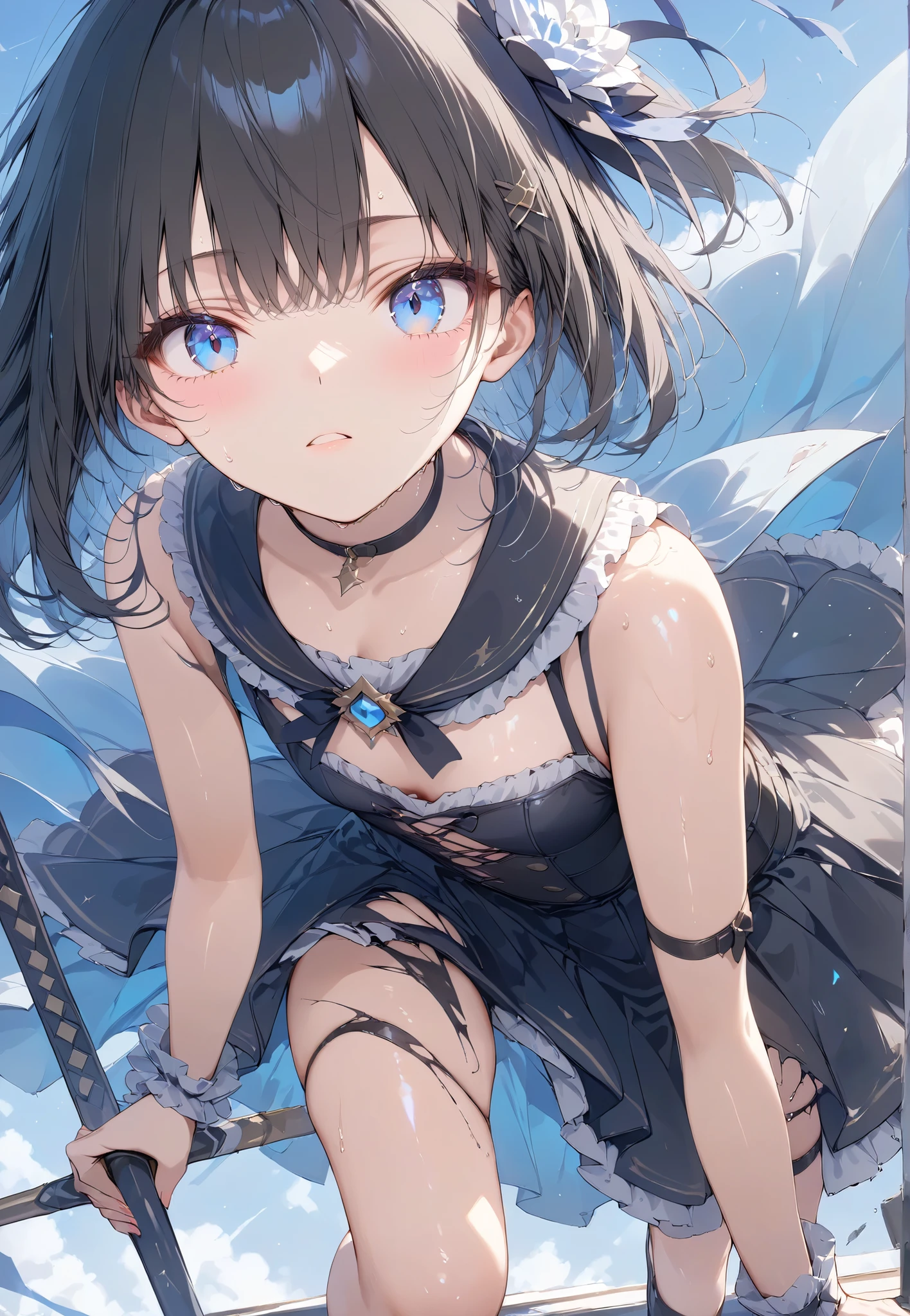 Masterpiece, High Quality, High Tone, High Resolution, Background Detail, Digital Paint, Hyperrealistic, Petite Girl (1.0), Beautiful Face, Long Eyelashes, Large Eyes, Sparkling Eyes, Fair Skin, Full Length, Black Spats, Battle Torn Clothes, Small Breasts, Thin Legs, Shiny shiny thighs, short black bob, hair ornament, idol, battle scene, shimmering aura, rugged expression, sweating,