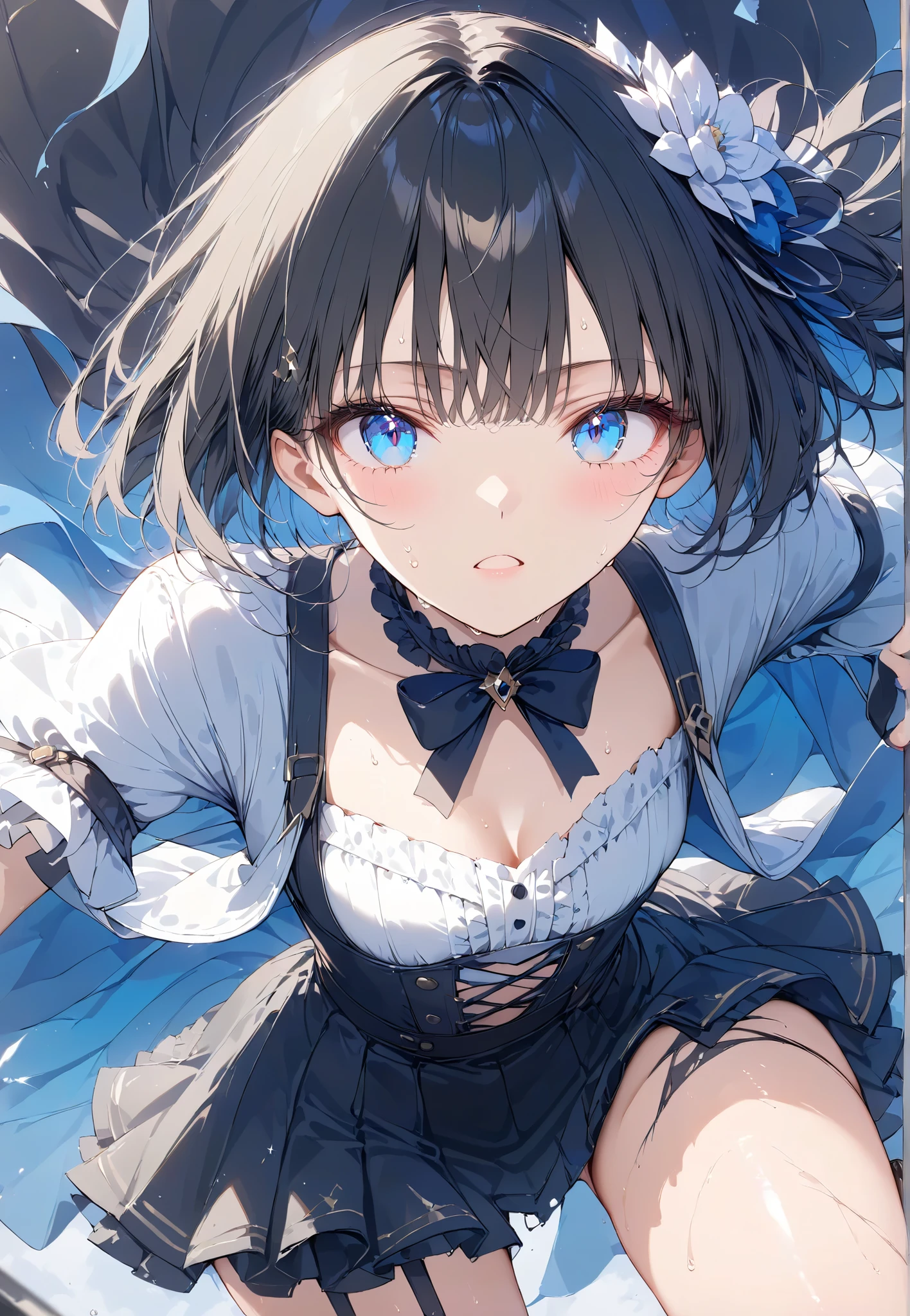 Masterpiece, High Quality, High Tone, High Resolution, Background Detail, Digital Paint, Hyperrealistic, Petite Girl (1.0), Beautiful Face, Long Eyelashes, Large Eyes, Sparkling Eyes, Fair Skin, Full Length, Black Spats, Battle Torn Clothes, Small Breasts, Thin Legs, Shiny shiny thighs, short black bob, hair ornament, idol, battle scene, shimmering aura, rugged expression, sweating,