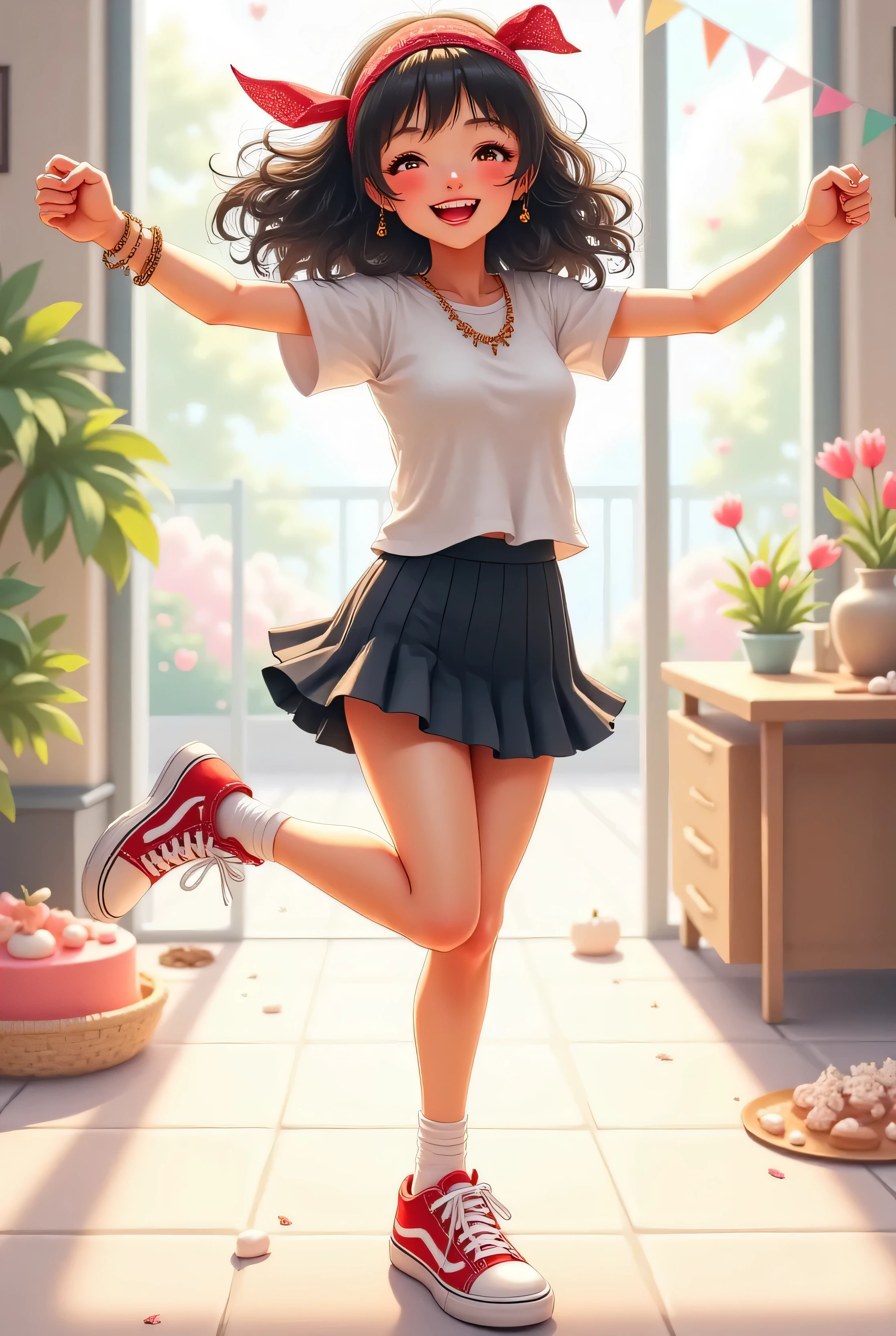 Japanese woman with dark black curly hair with bandana, wearing a elegant t shirt, mini skirt, and red and white sneakers is depicted in a joyous pose. She is standing on one leg, with the other leg bent at the knee and raised behind her. Her arms are also raised, with her fists gently clenched in celebration. She has a cheerful expression on her face, with a wide smile. The overall style is cartoonish and expressive, emphasizing her happy mo
