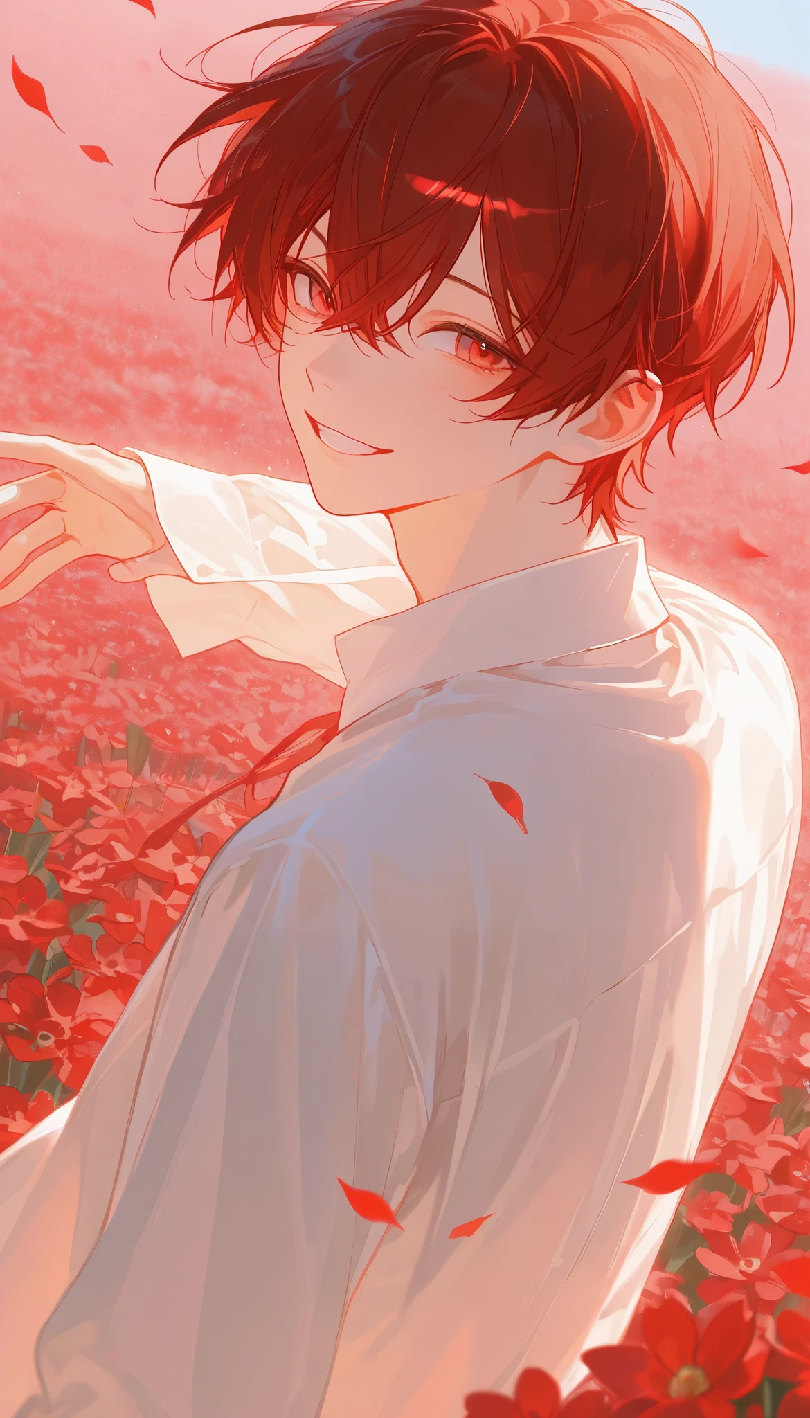 ( 1 man with red hair short hair:1.4),((Red flower field :1.4))、 the petals dance、 white shirt、Sunshine、 is bursting out laughing