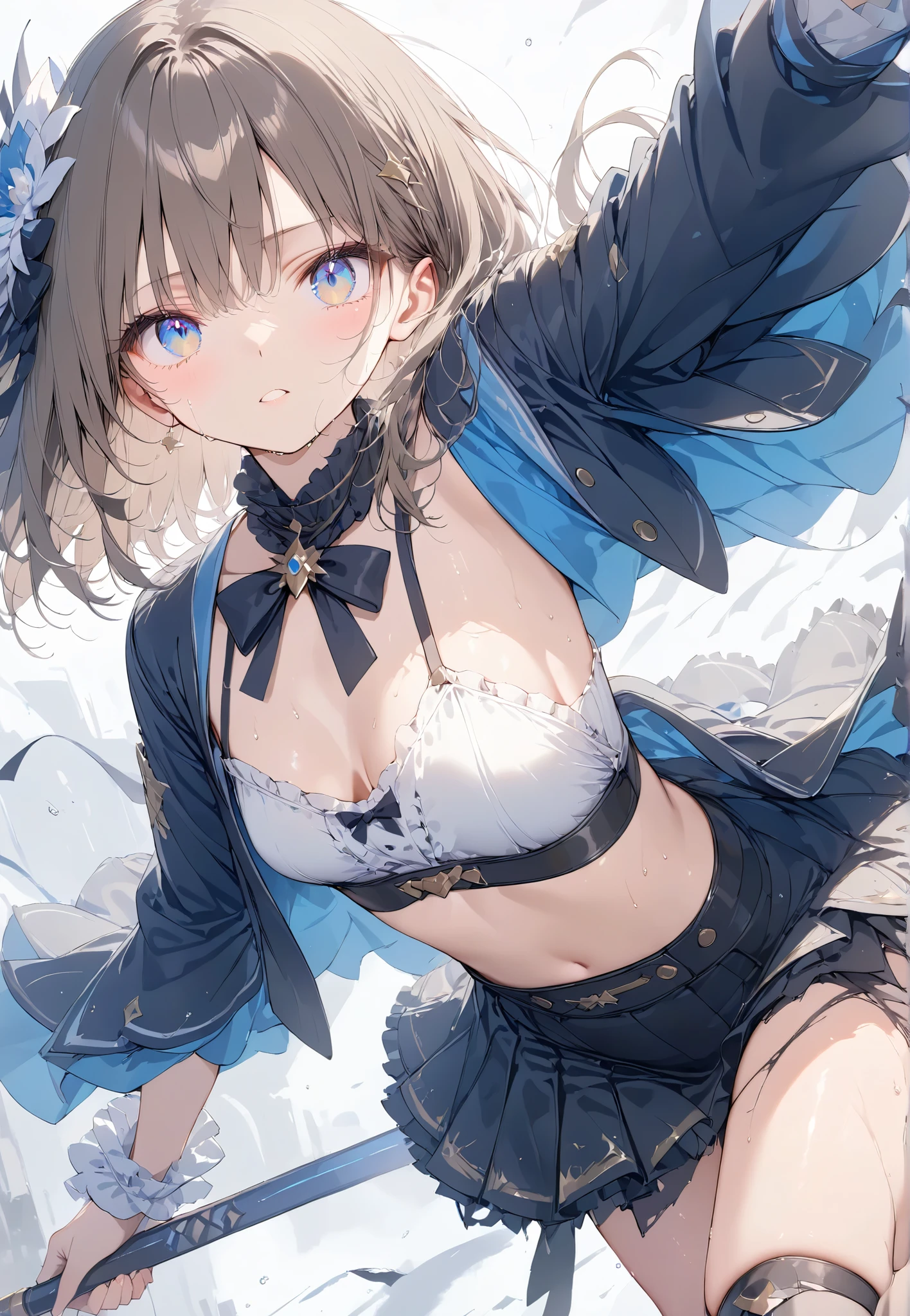 Masterpiece, High Quality, High Tone, High Resolution, 16K, Background Detail, Digital Paint, Hyperrealistic, Petite Girl (1.0), Beautiful Face, Long Eyelashes, Large Eyes, Sparkling Eyes, Fair Skin, Full Length, Black Spats, Battle Torn Clothes, Small Breasts, Thin Legs, Shiny shiny thighs, short brown bob, hair ornament, idol, battle scene, shimmering aura, rugged expression, sweating, cinematic angle