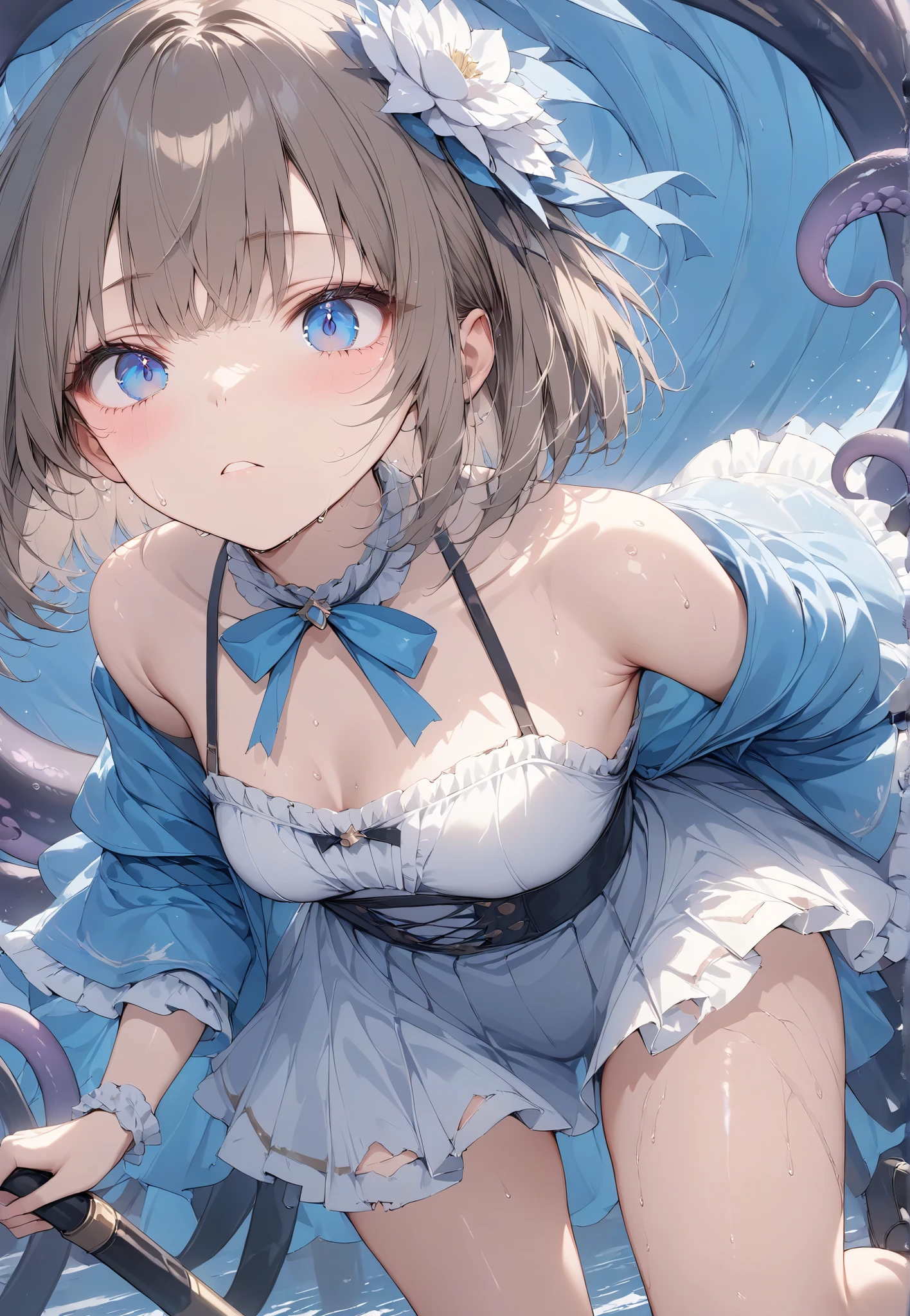 Masterpiece, high quality, high tonal range, high resolution, 16K, background detail, digital painting, hyperrealistic, fantasy, ite girl (1.0), beautiful face, long eyelashes, big eyes, sparkling eyes, fair skin, full body, battle torn clothing, small breasts, thin legs, shiny thighs, short brown hair bob, idol, battle scene, sweating, top angle, sexy and suffering expression, attacked by tentacles