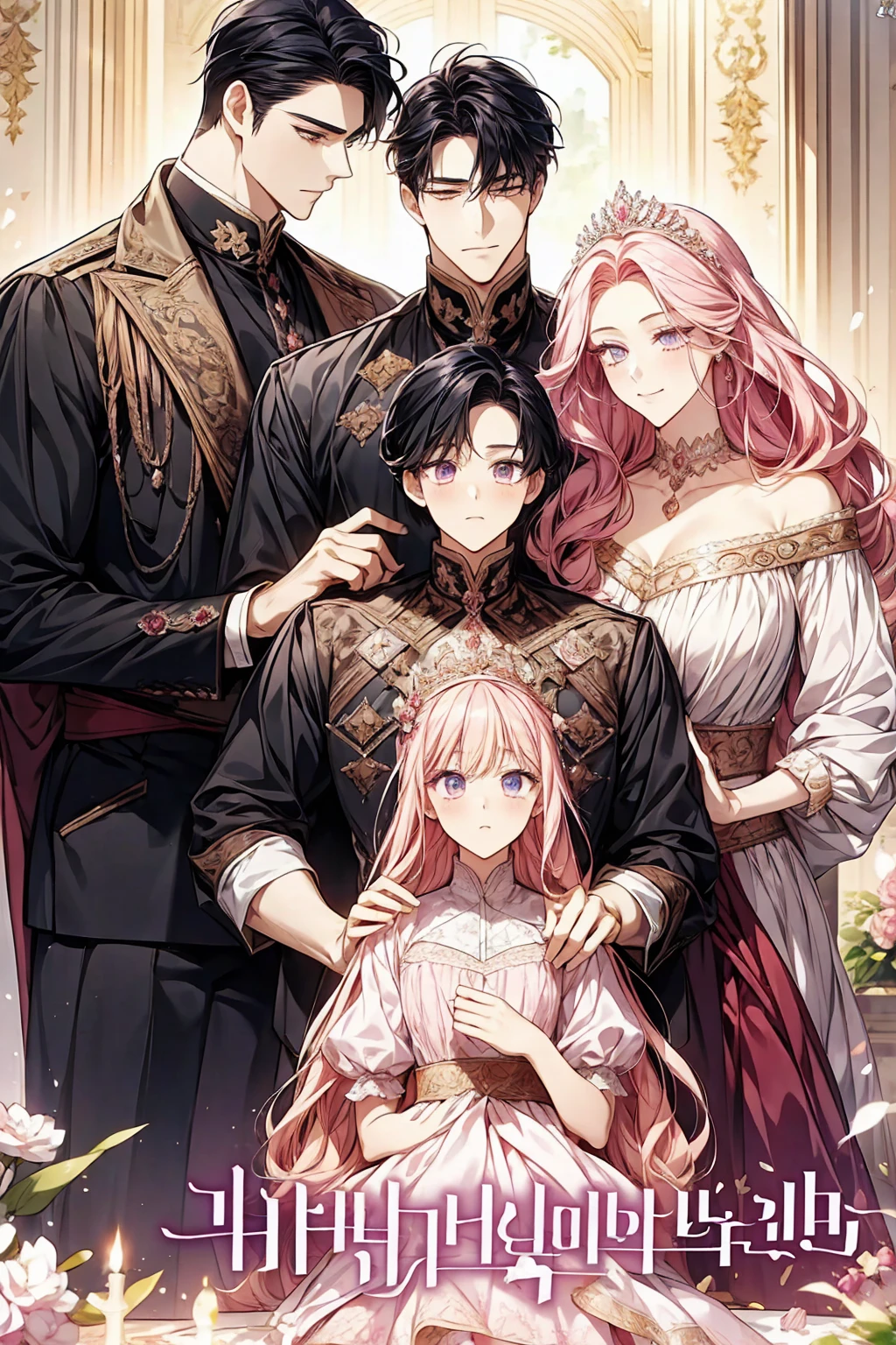 fantasy manhwa cover, family, royal, elegant, good looking, s, detailed, 4k, mom and dad, son and daughter, beautiful family, detailed eyes, mon ponk hair, dad black hair, son black hair, daughter pink hair