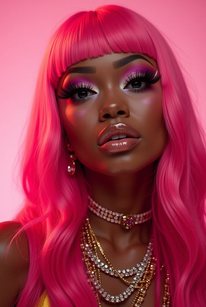 (african american,elegant,bold,confident,beautiful,long hair,curves:1.1,detailed eyes,full lips:1.1),glamorous,high fashion,stylish,striking poses,fierce attitude,(vibrant colors,hot pink:1.1,neon lights:1.1),dramatic shadows,edgy makeup,stage presence,(professional,studio lighting:1.1,ultra-detailed:1.1),dynamic composition,strong facial expressions,showstopping,celebrity vibes,sexy attire,attention-grabbing,empowered,energetic movements,music video vibes,queen-like aura