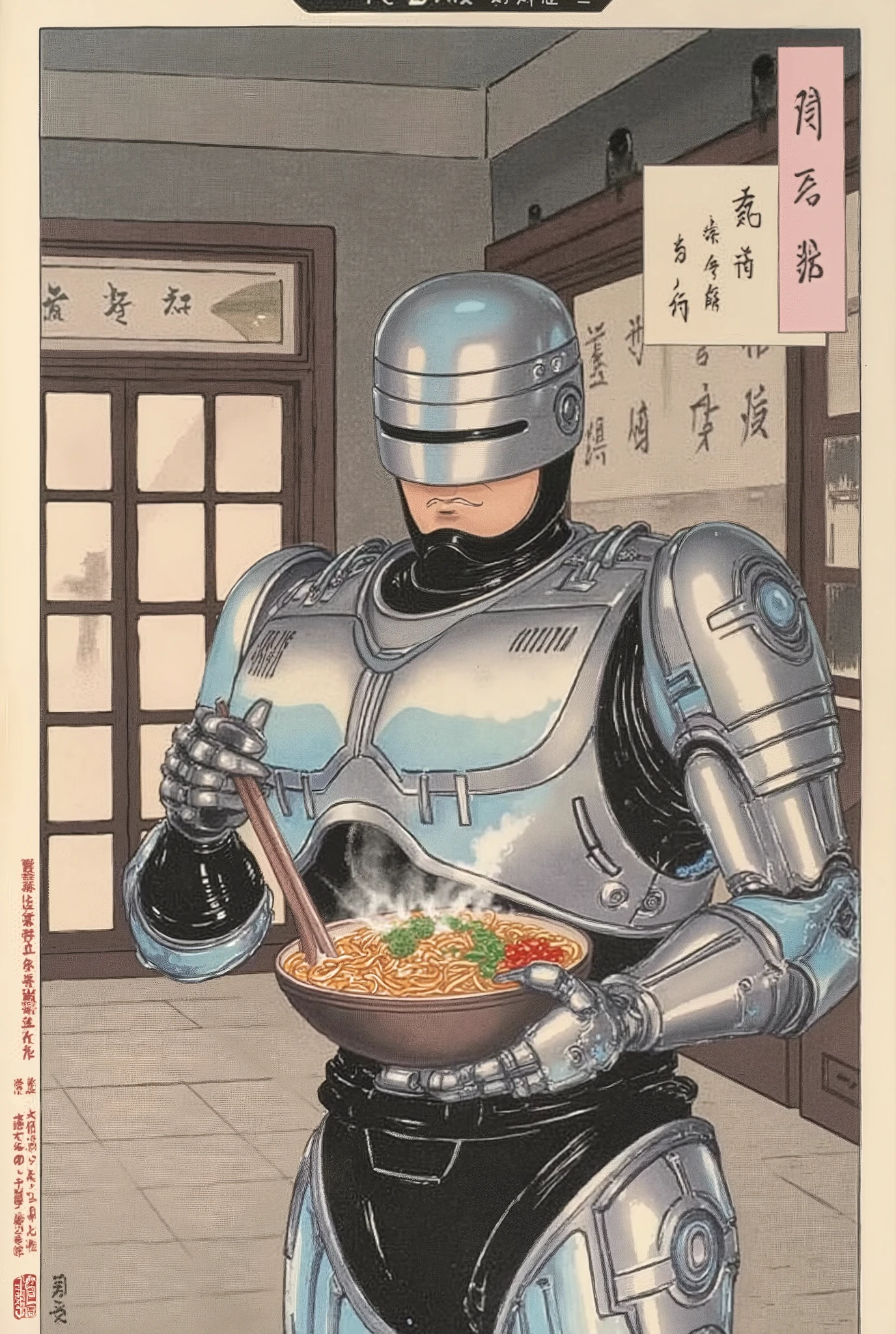  tsukioka1 Japanese woodblock print ukiyo-e ultra detailed image, sharp line , Robocop image eating Japanese noodles  ( Ultra high definition ) (8K)