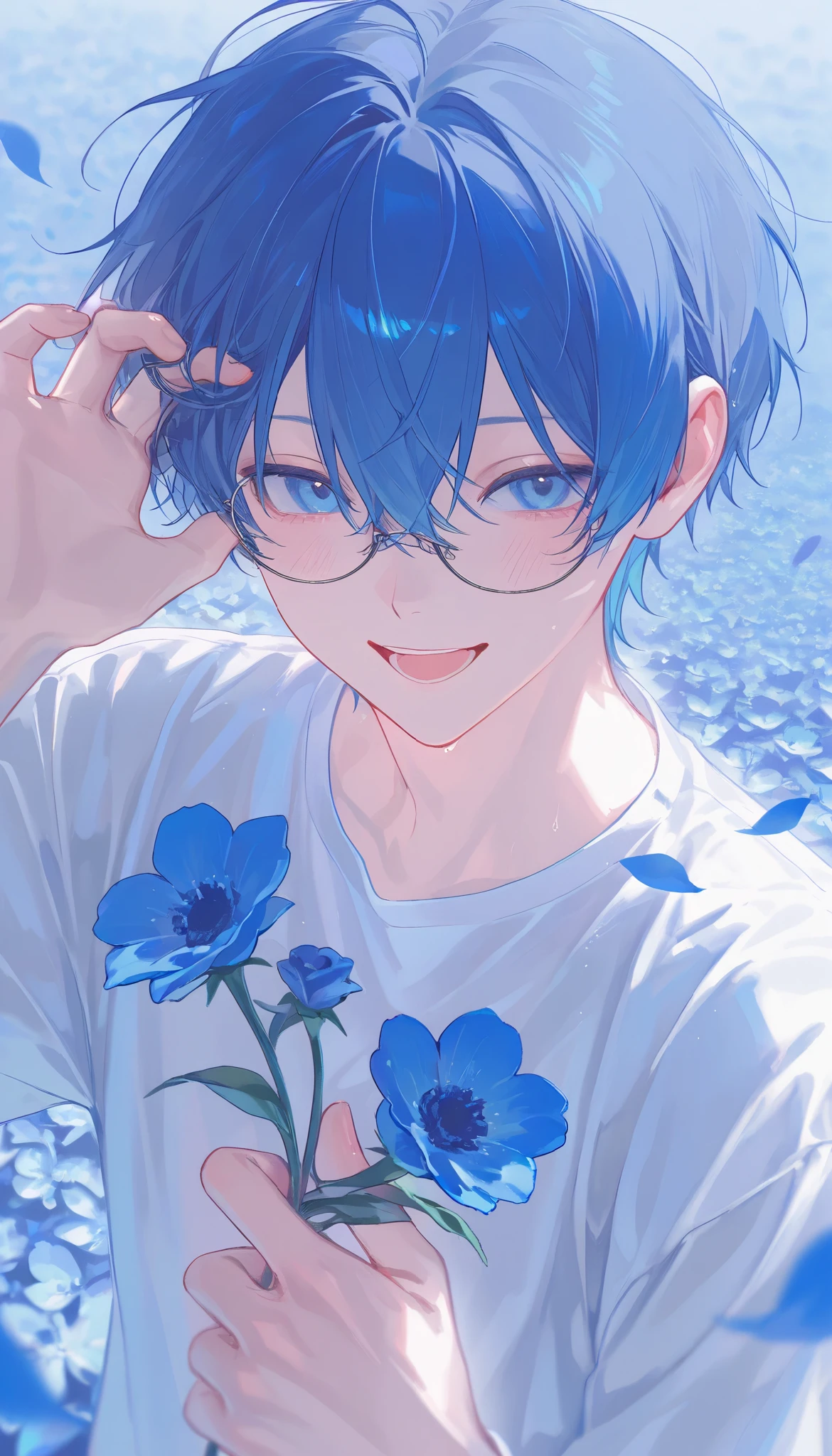 (1 man with short blue hair:1.4),((Blue flower field:1.4))、 the petals dance、 white shirt、Sunshine、 is bursting out laughing