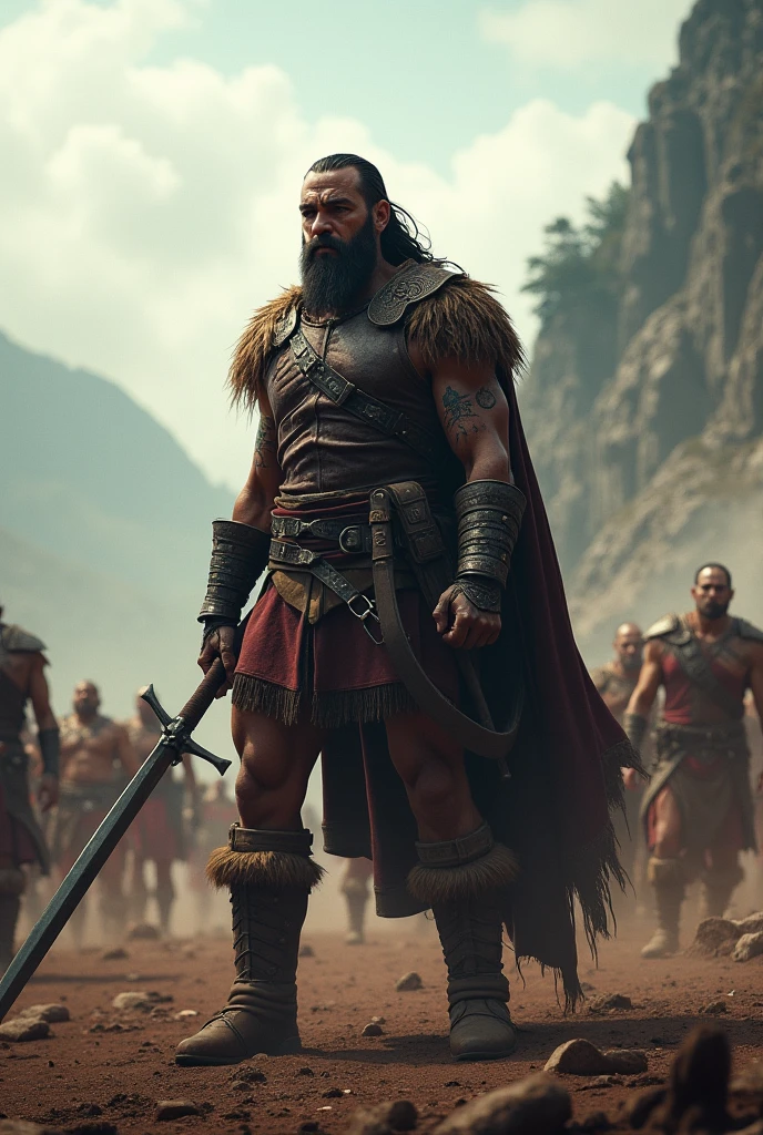 ultra reality, bearded barbarian man, a man standing on a pile of dead humans,holding a knife in both hands,bloody handsinjured, some bruises, bleeding, fighting, in a city, dark lighting