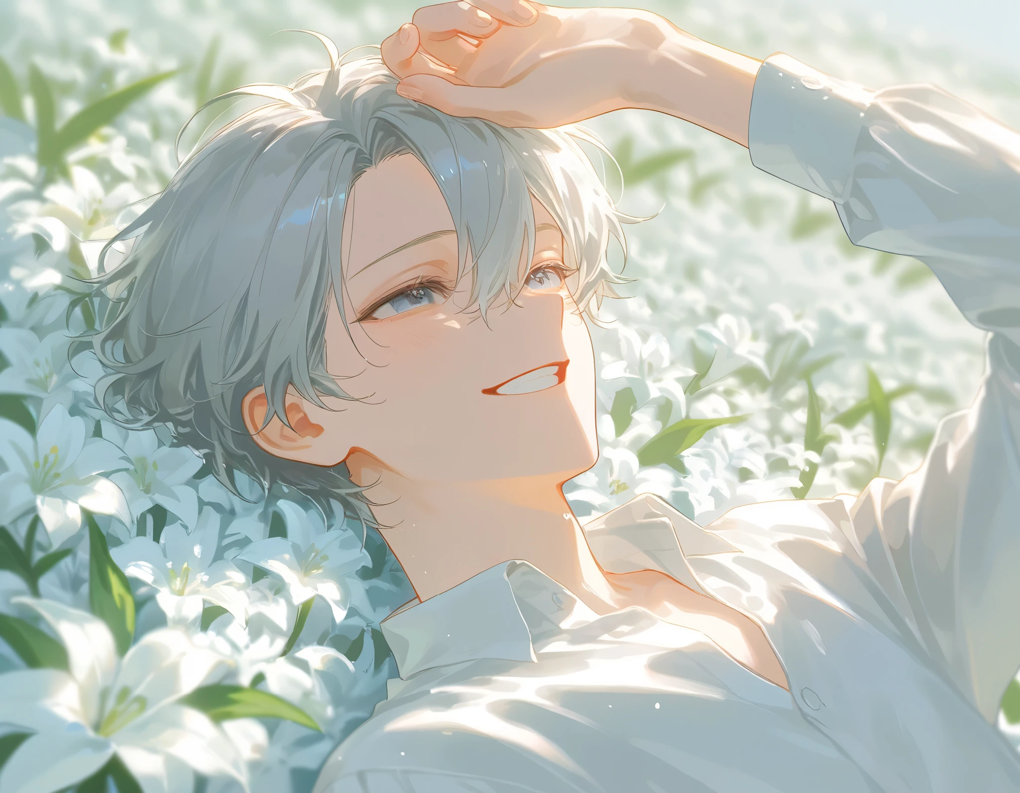 (1 man with short gray hair:1.4),((Lily flower field:1.4))、 the petals dance、 white shirt、Sunshine、 is bursting out laughing