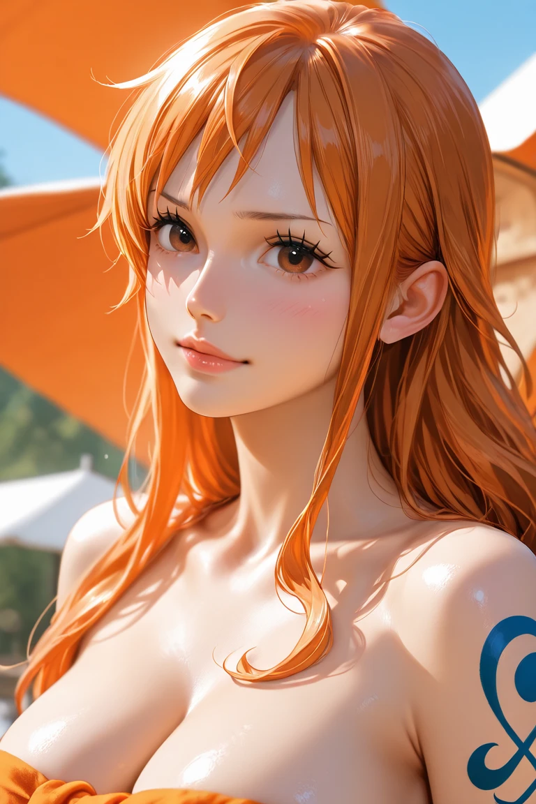 Top quality, high resolution, perfect human structure, background focus, front view, glowing hair, on a ship, at sea, Nami from ONE PIECE cosplay, cat ears, toothy smile, gradient eyes, swept bangs,
