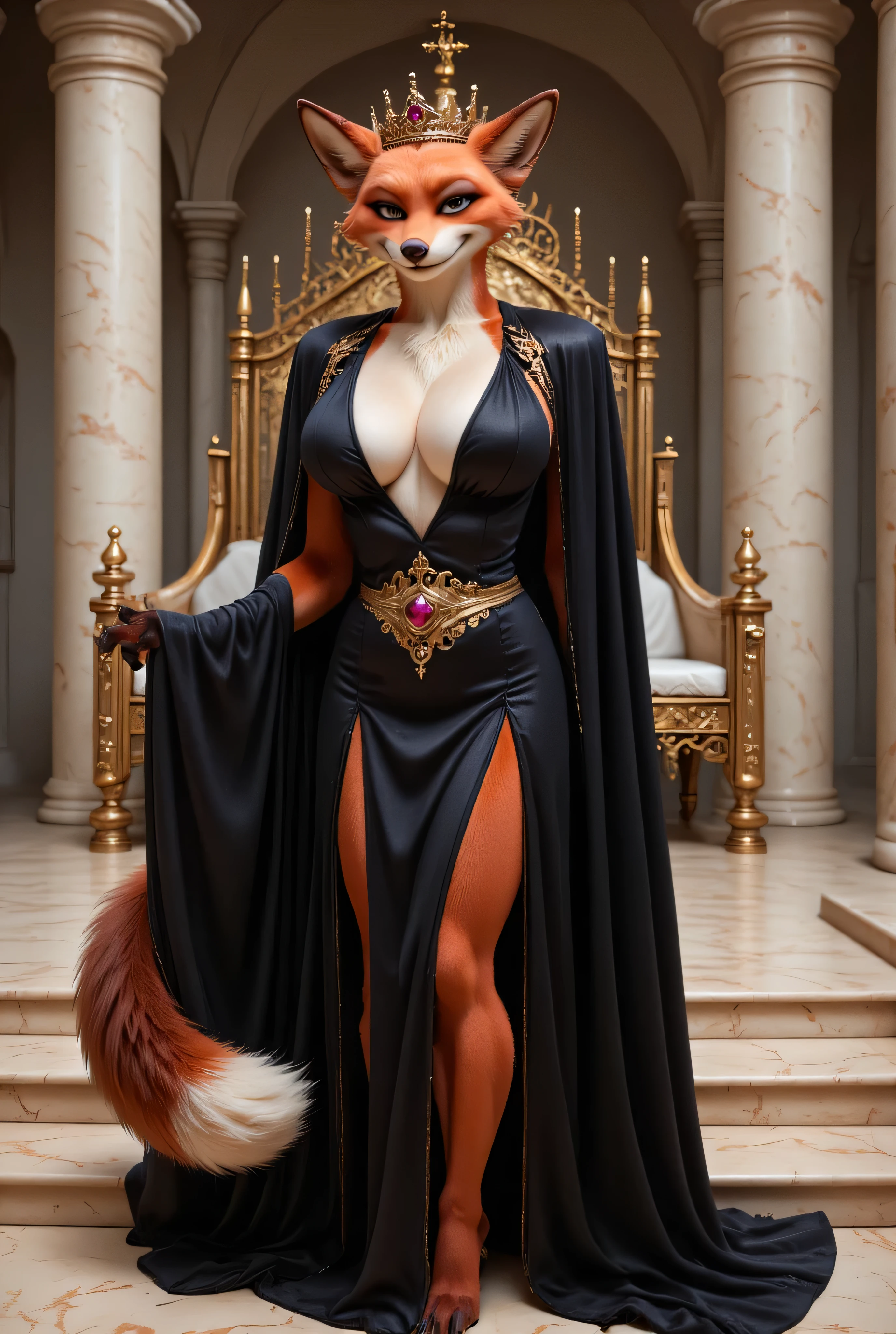 ((best quality, masterpiece, score_9, score_8_up, realistic photograph, life-like realism, hourglass figure)), a female furry anthropomorphic fox, beautiful ginger white fur on her skin, erotic Medieval (((black iceblue chinoiserie gown, turned slightly to the side), dainty gold ruby tiara)), gold filigree engraved belt, shining golden eyes, black silk cape, heavy gold necklace with ruby charm, ((oversized breasts, sleeveless, deeply plunging neckline)), smirking, mischievous, background medieval throne room, she stands next to a polished marble throne at the top of polished marble steps, looking down at her servants with an imperious arrogance
