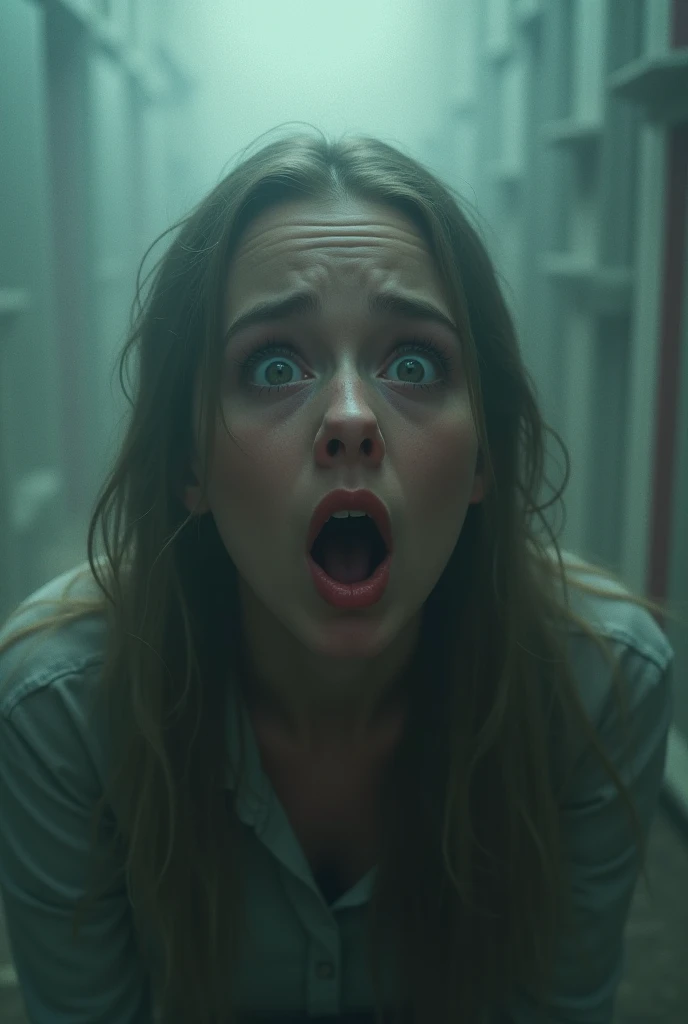 Close selfie of a 25 yr female being spirit possessed, getting possessed, mid possession inside haunted place , b-horror film screencap