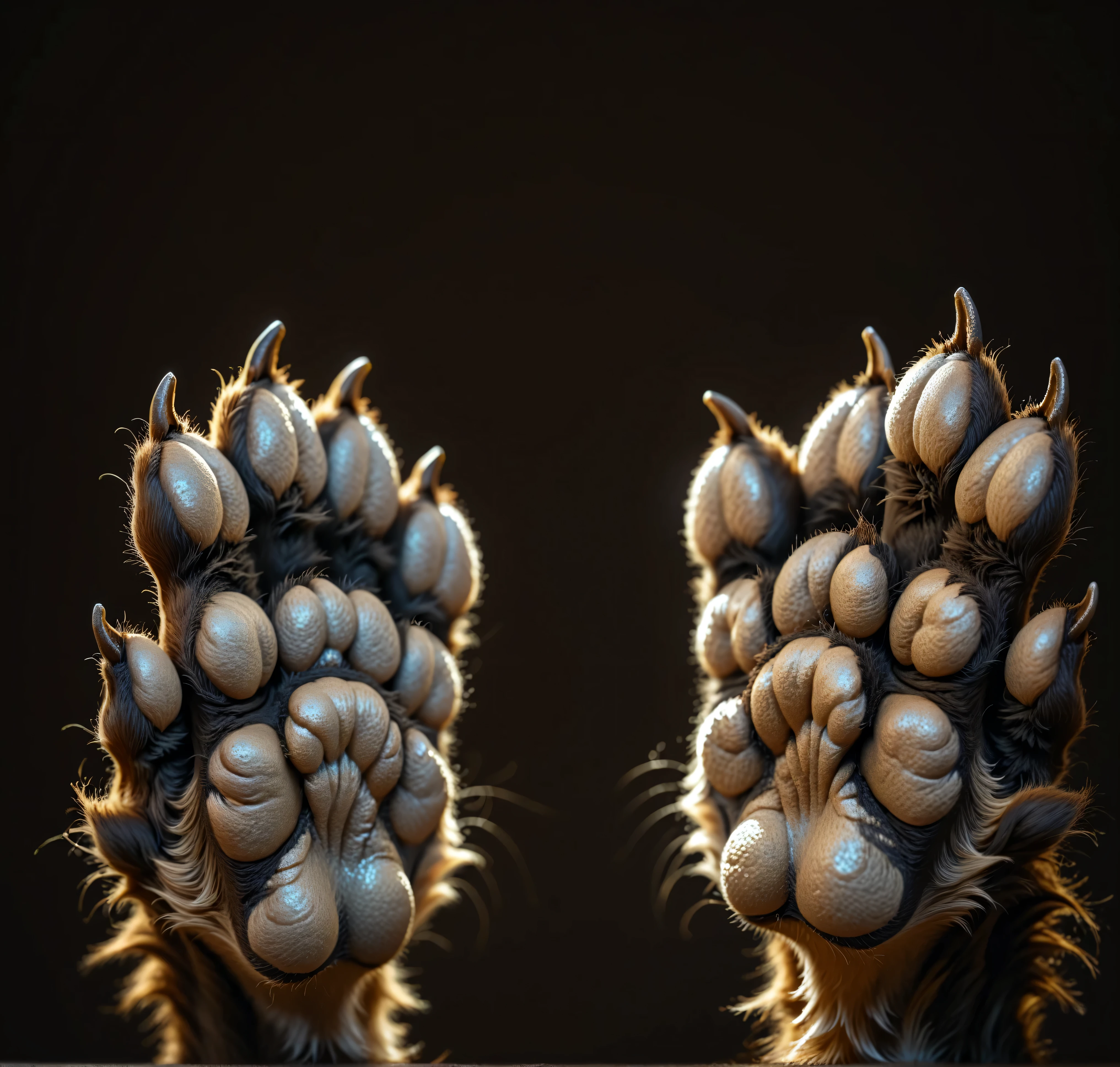 detailed grey Pawpads:1.3, pads, forefeet:1.4, werewolf paws, animal thumbs, wolf paws:1.1, brown fur, short thick toes, spreads toes, detailed fur, fluffy, long dark grey claws, extra detailed, extreme details, deep details, masterpiece, realistic, simple black background