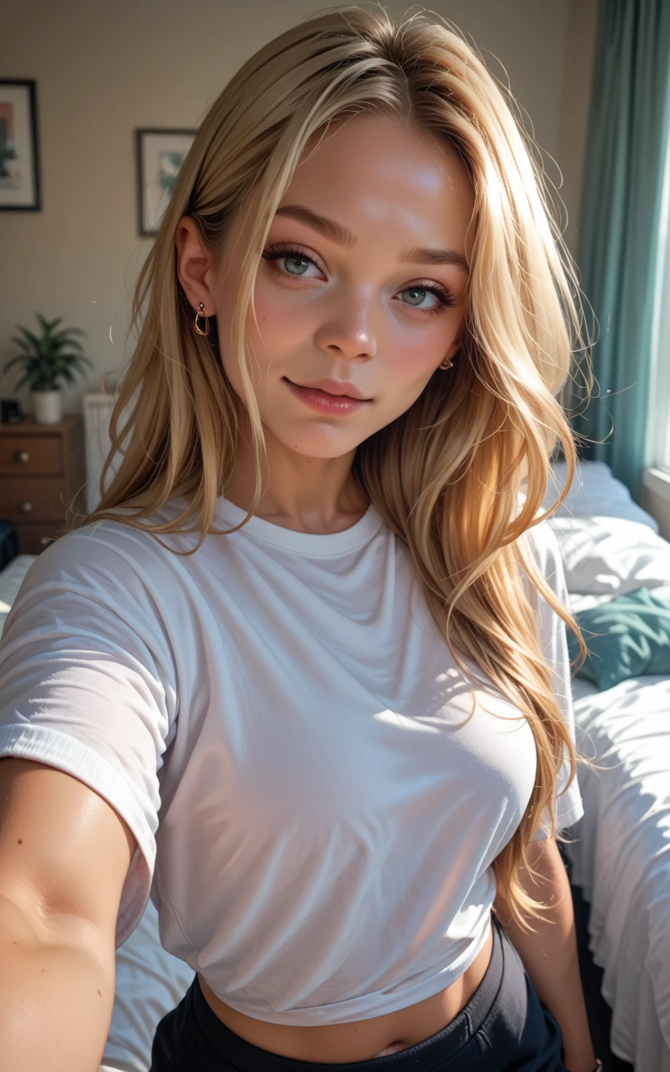 (american girl) (skinny) (realistic) (dirty blonde hair) (photo realism) (beautiful) (instagram picture) (nighttime) (los angeles) (luxury los angeles apartment (80 mm) (white long sleeve) (bedroom)