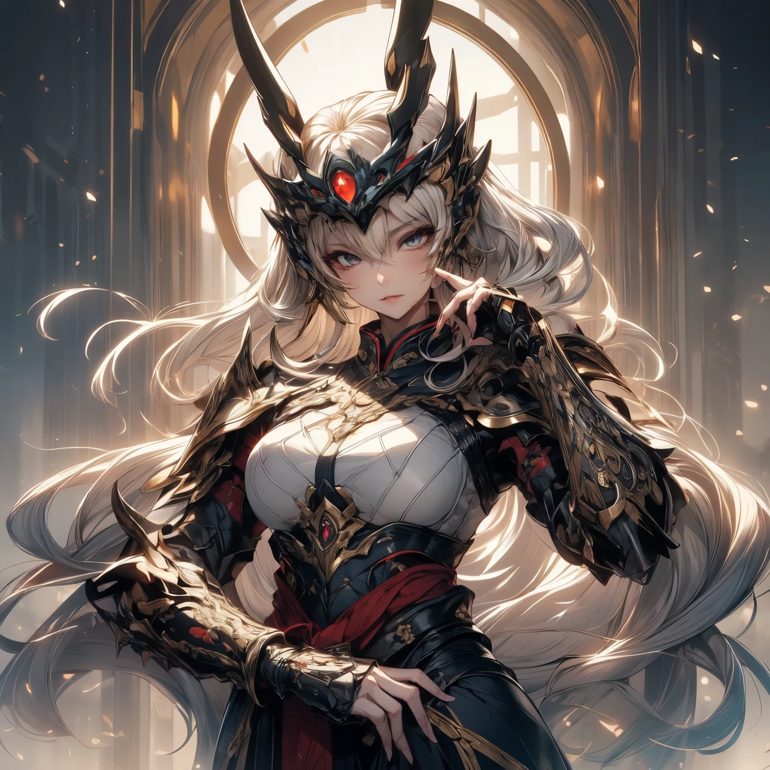 Odin，Norse mythology，king of the gods，King of the Dead，God of power，God of magic，the god of war，nordic，Viking，((1 mature woman))Plata，sliver long hair，plumw，Peerless beauty，(black eye mask)，Silver twisted weave，Wearing a Golden Eagle helmet，Silver lips，(Exquisite golden armor)，Cloak，sitting on an royal throne，Valhalla in the background，Two black crows，Black wolf，Normal chest，strong muscle，Abs，scowling，sharp sharp eyes，Exquisite accessories，(Perfect flesh)，(Very majestic)，forthright，apathy，frenzied，Majesty，Illuminates hair，The luster of the armor，Face light，((tmasterpiece))，(Best quality at best)，(ultra intricately detailed)，(Highest definition)，(8K)，(Clean lines)，(Perfect facial features，Perfect flesh)