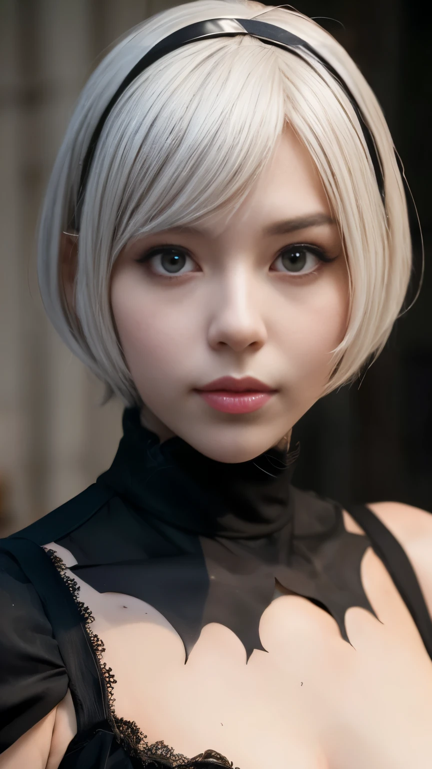 Nier:Beautiful cosplay of 2b from Automata、A woman cosplaying as 2b、White skin、tall、Great style、Small face、Sharp Eye、Beautiful Face、Beautiful face、23 years old、British women、Half British、Nier:2b&#39;s black costume from Automata、Light background、Fantasy  なWhite churchの中を背景に、White churchの真ん中にかっこよく立ってハンサムポーズ、Shooting from a diagonal angle、masterpiece、highest quality、high resolution、Fantasy  、glare、Anime Cosplay Makeup、Real Cosplay Photo、Cool and beautiful photos、Portrait from the waist up、handsome pose、Wrapped in a pale white glow、like、happiness、Kindness、Smoothly rendered
