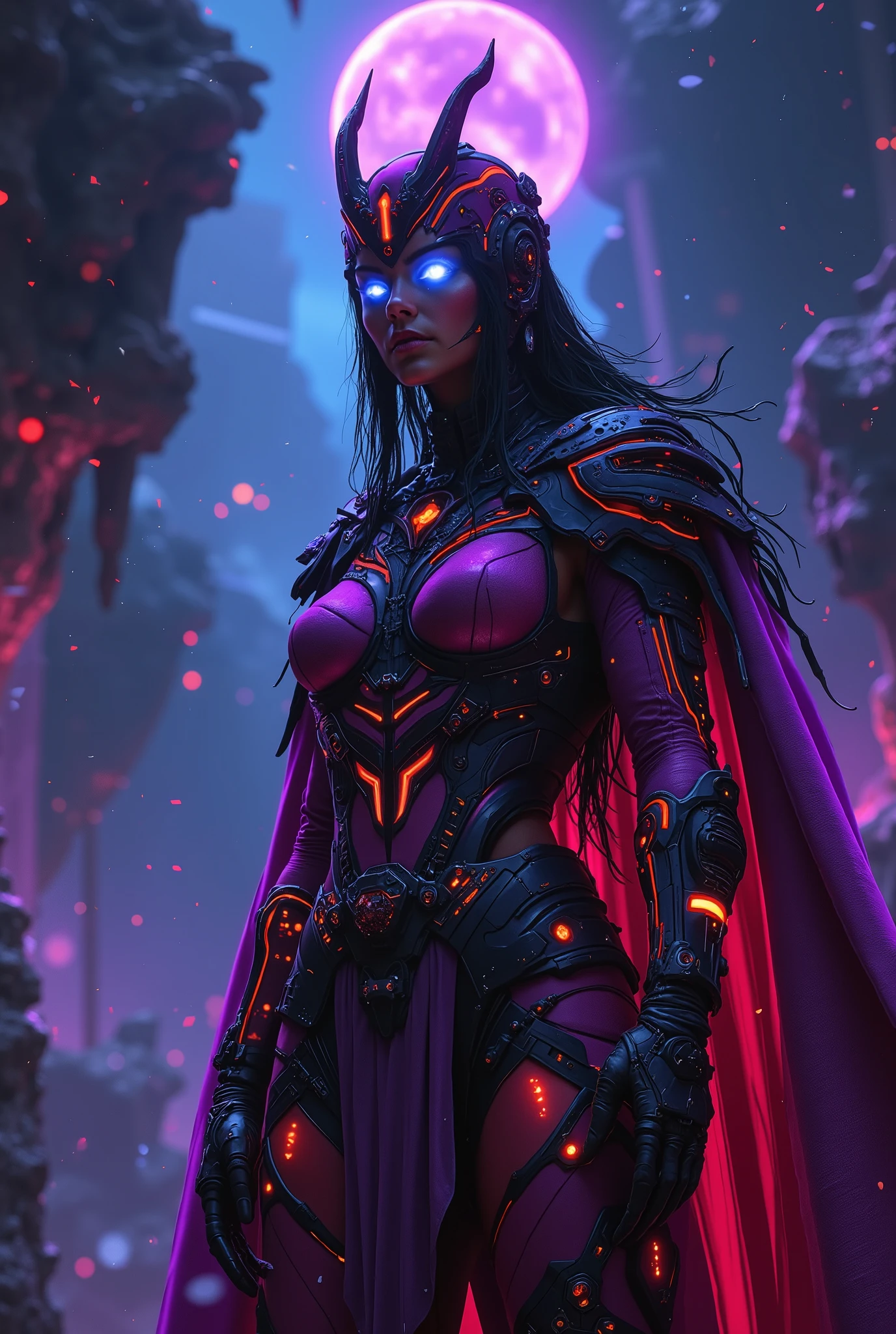 gloomy portrait of Zombie Psylocke from Marvel, extremely detailed, futuristic cityscape, nighttime, glowing neon lights, smoke, sparks, metal shavings, flying debris, blue energy effects, volumetric light