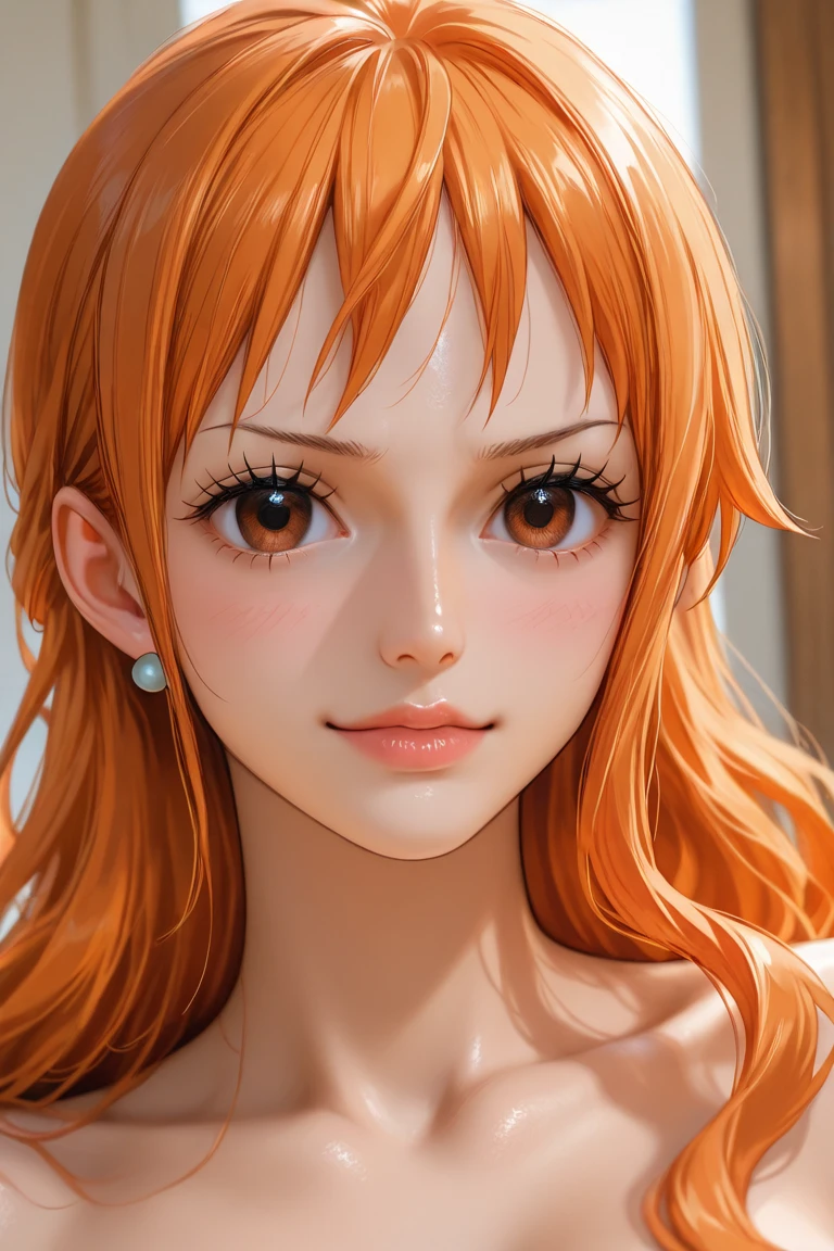 best quality, masterpiece, highly detailed,1girl, Nami, , (masterpiece:1.5), Detailed Photo, Smiling, y, (8K, Best Quality: 1.4), (1girl), Beautiful Face, (anime realistic Face), (Orange Hair, long Hair: 1.3), Beautiful Hairstyle, Realistic eyes, beautiful detail eyes, (white skin), beautiful skin, absurd, attractive, ultra high resolution, ultra realistic, high definition, golden ratio, (sexoused:1.5), Pinkish white skin, cool white light, sexy pose, utiful , white background, pink soft white light, Wear a black bodycon dress, (messy hair:1.5), (masturbate:1.5