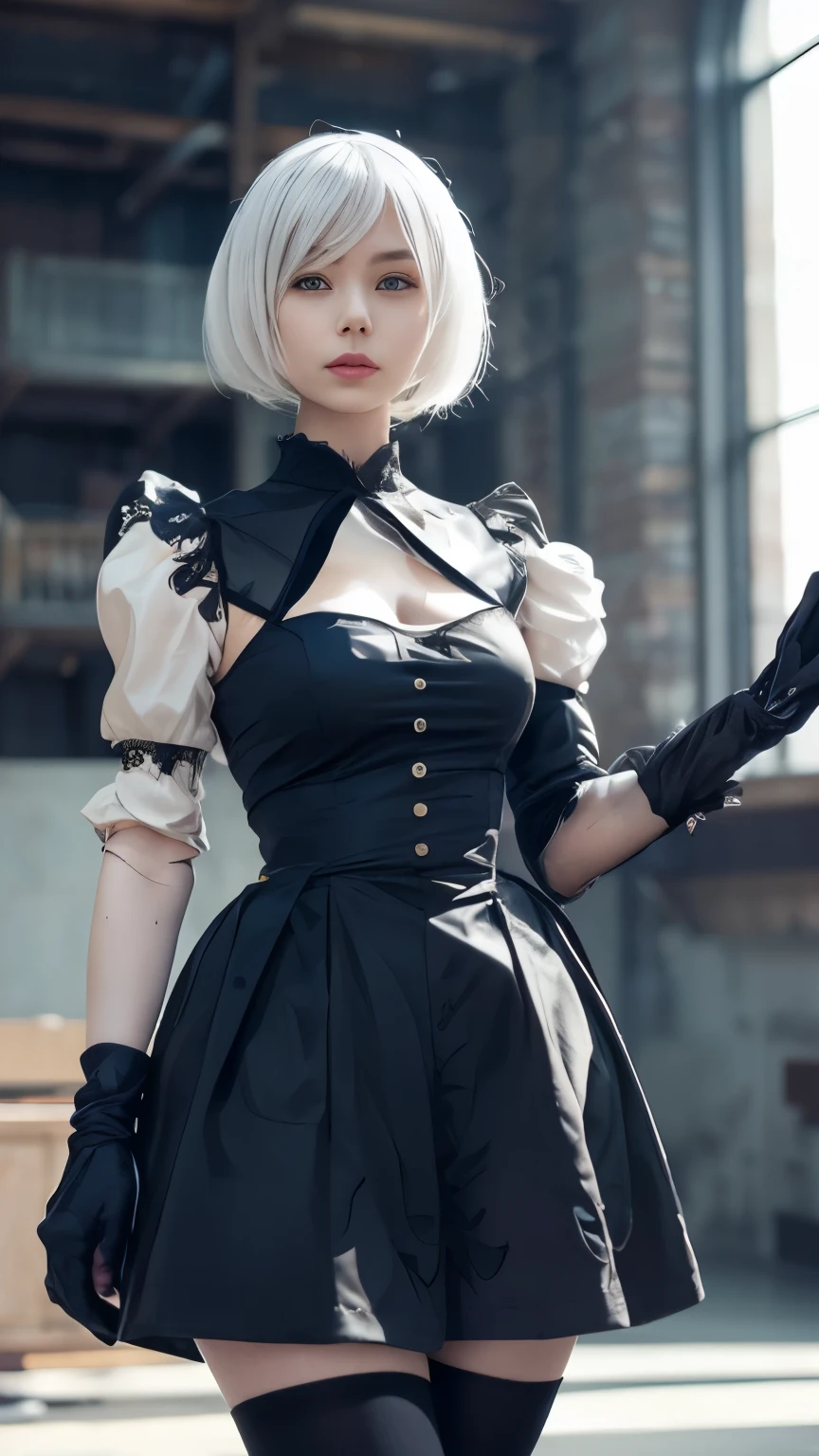 Nier:Beautiful cosplay of 2b from Automata、A woman cosplaying as 2b、White skin、tall、Great style、Small face、Sharp Eye、Beautiful Face、Beautiful face、23 years old、British women、Half British、Nier:2b's black costume from Automata、Light background、Fantasy なWhite churchの中を背景に、White churchの真ん中にかっこよく立ってハンサムポーズ、Shooting from a diagonal angle、masterpiece、highest quality、high resolution、Fantasy 、glare、Anime Cosplay Makeup、Real Cosplay Photo、Cool and beautiful photos、Portrait from the waist up、handsome pose、Wrapped in a pale white glow、like、happiness、Kindness、Smoothly rendered