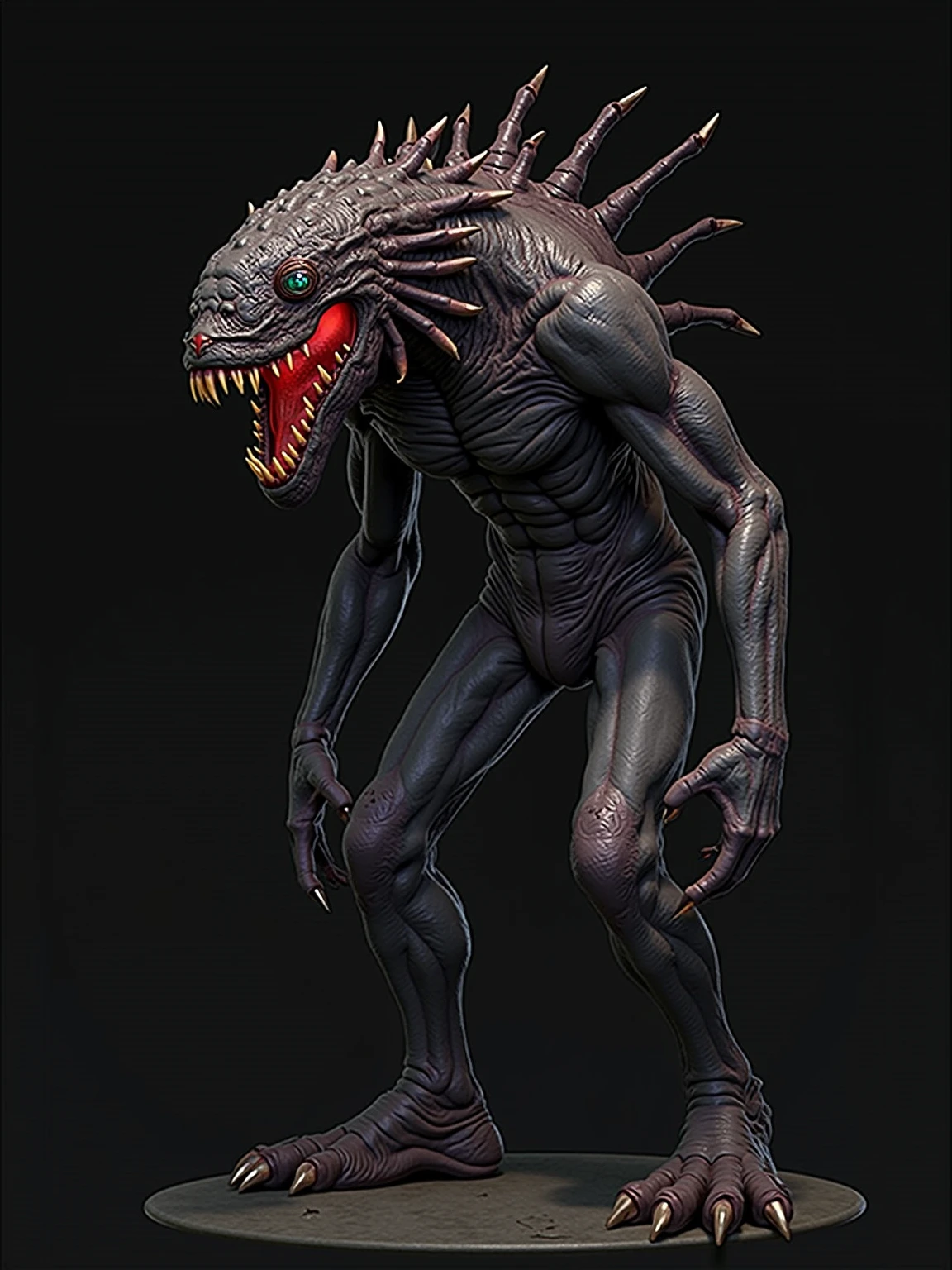 hammh2023, 8k, uhd, science fiction, best quality, masterpiece, trending on artstation, photorealistic, chest armor, cyberpunk armored, tactical armor, large head, sharp teeth, detailed purple skin, wide angle shot, action pose, claws, 3 fingers, mutant, alien, creature, monster,