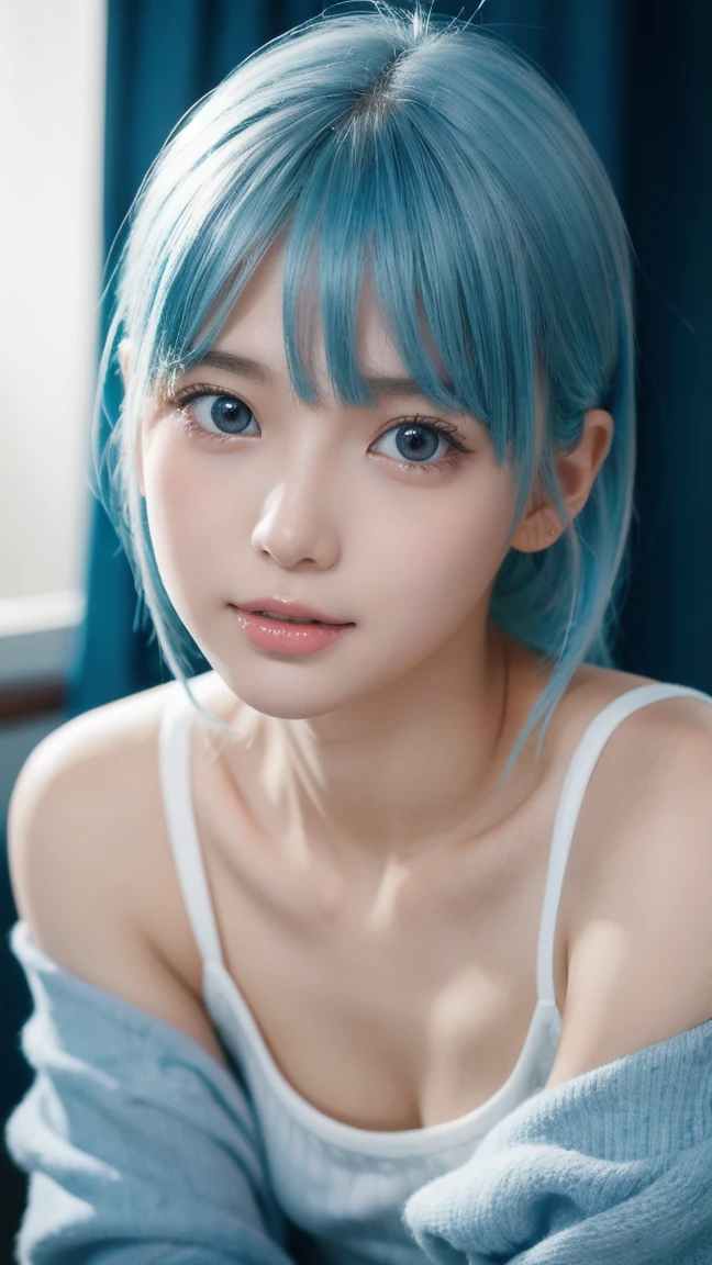 {{masterpiece}}, {{highest quality}}, {{Super detailed}}, {{illustration}}, cinematic lighting,beautiful delicate shine, dynamic angle, Depth of bounds written, light_leak, wonderful, fine details, 4k, 8K,japanese idol, blue hair, vibrant blue sky, dreamy expression, bright and warm tones, {sexy pose},