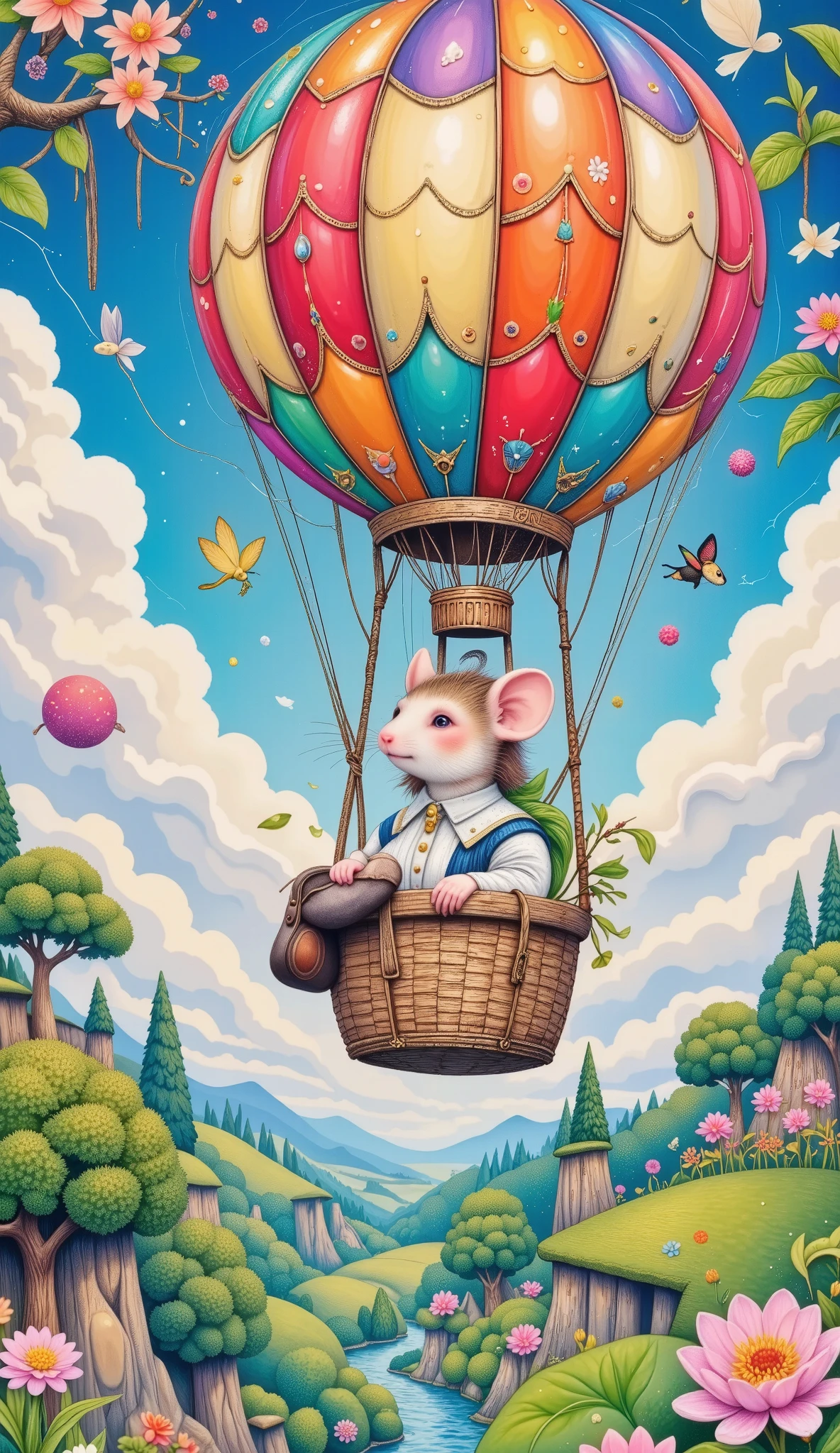 fairytale mouse , traveling in a hot air balloon , ren's story, very colorful and idyllic , dreamlike, hyper high image quality and sharpness