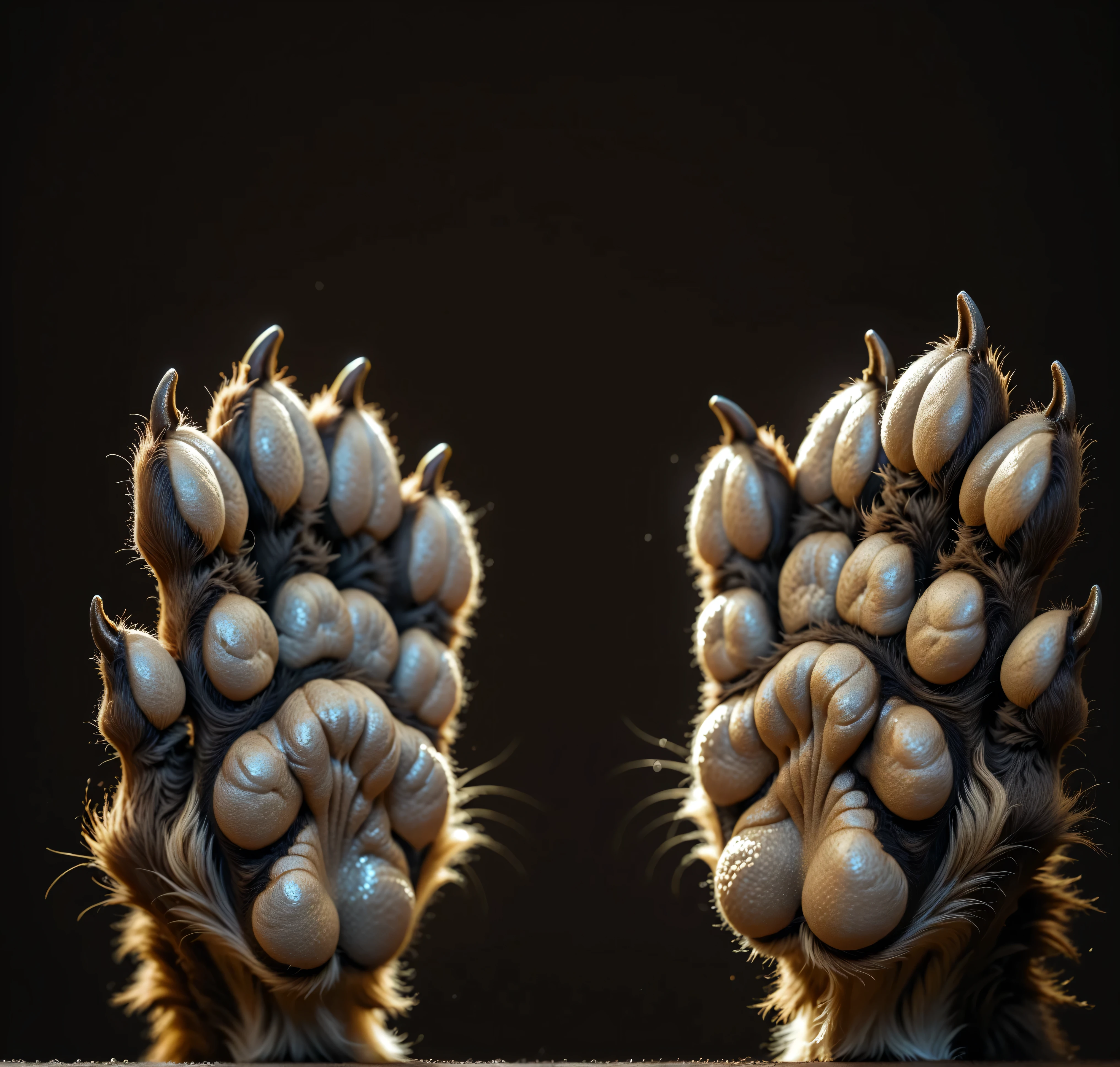 detailed grey Pawpads:1.3, pads, forefeet:1.4, werewolf paws, animal thumbs, wolf paws:1.1, brown fur, short thick toes, spreads toes, detailed fur, fluffy, long dark grey claws, extra detailed, extreme details, deep details, masterpiece, realistic, simple black background