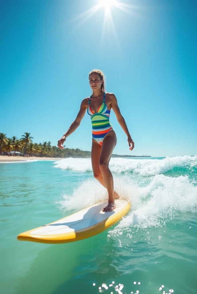 a woman in a bikini is sitting on a surfboard, mediterranean island scenery, on a boat, instagram story, wearing a cap, with a castle in the background, style of julia razumova, treading on calm water, smooth focus, helmet view, back pose, skiing