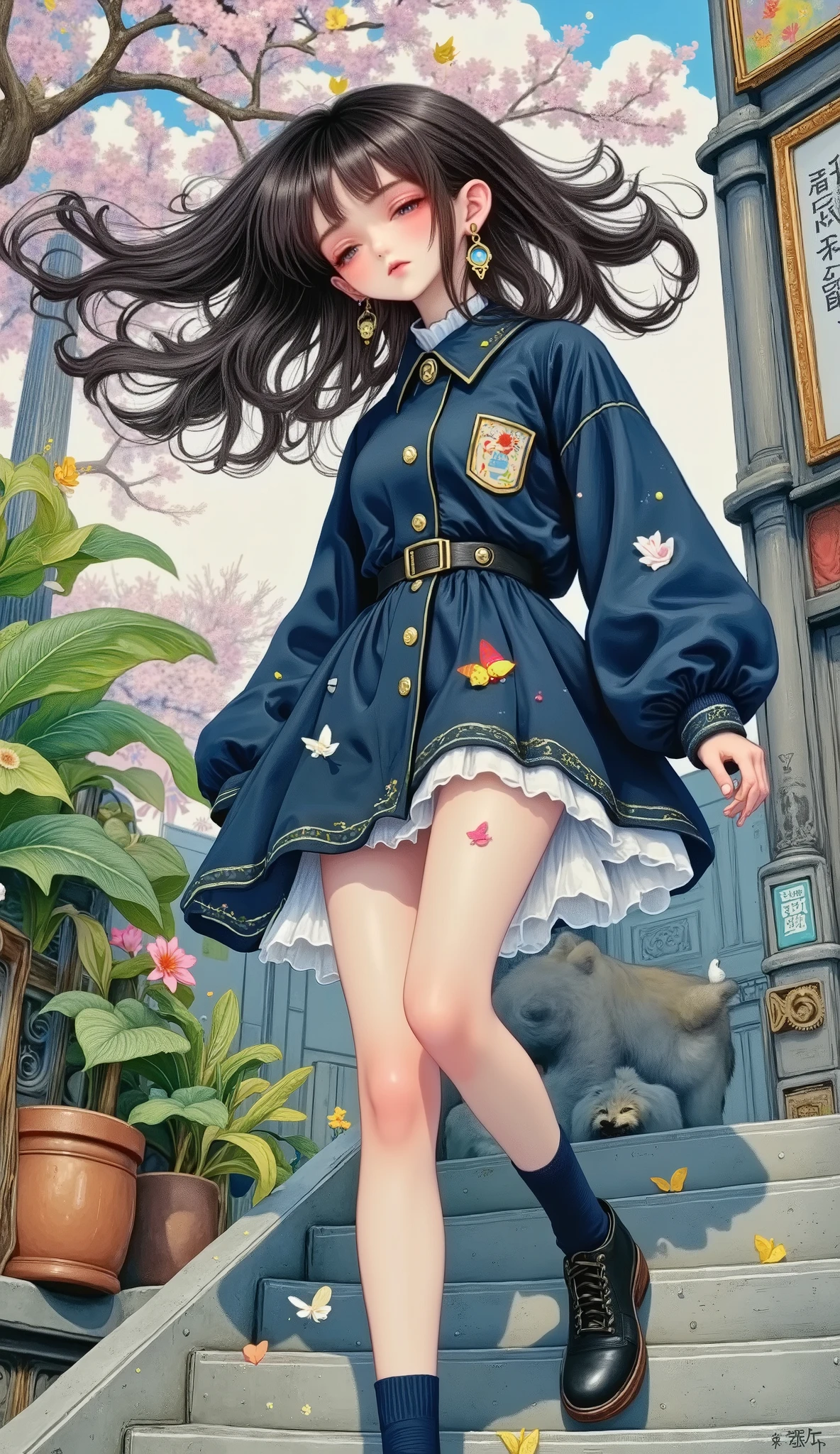 (( )), (( masterpiece)), ( High resolution), 8K, best shade, The best natural light, cinematic dust , High school student climbing the stairs 、20 years, ( brown hair)、 looking back , shy、 navy blue jacket 、navy blue skirt、(dark blue socks)、(( back view))、 Angled from directly below the back , (( seen from below ))、dark blue socksのクローズアップ、 Arrangement of the sleeve panels 、 cartoon style 、Sleeve design、 Station stairs 、on the way to school, A skirt that moves with the wind, Elegant white panties hidden under a skirt , slim body , beautiful thighs, embarrassed expression